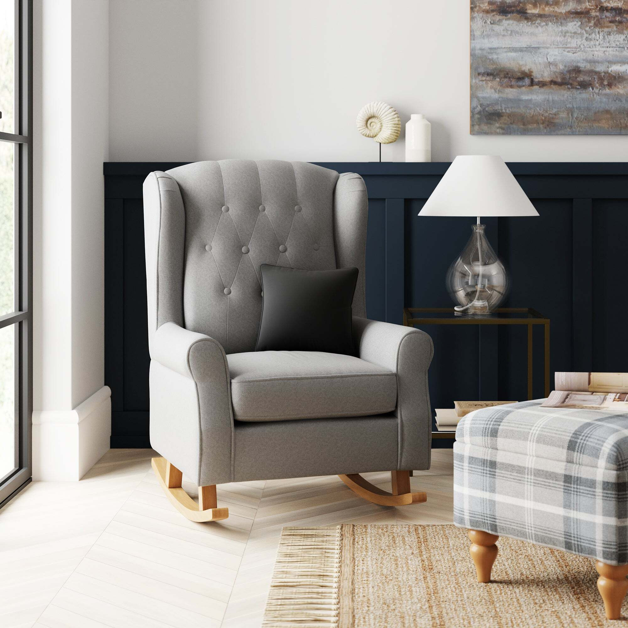 Oswald Faux Wool Button Back Rocking Chair Grey by Dunelm