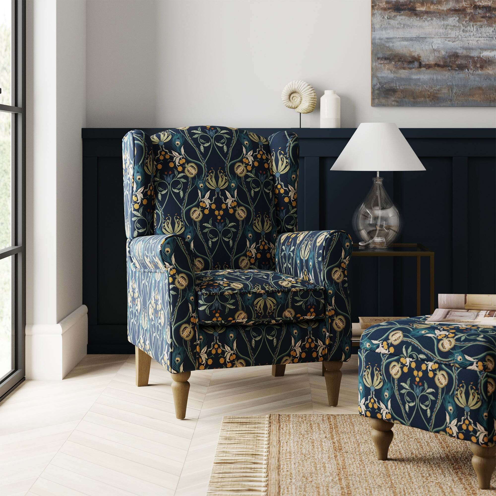Oswald Navy Havisham Print Wingback Armchair Navy Blue/Green by Dunelm ...
