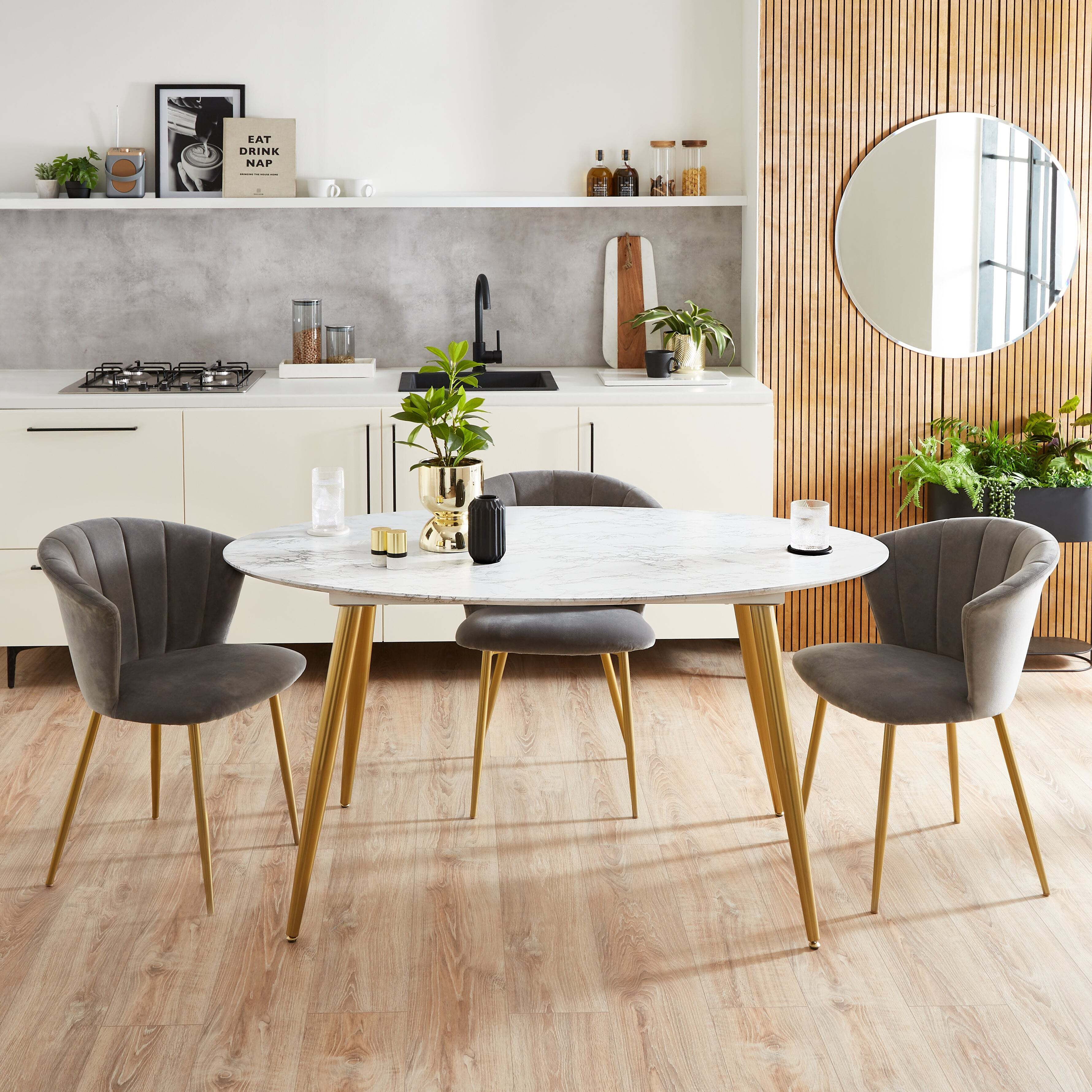 Kendall 6 Seater Oval Dining Table, Marble Effect White by Dunelm