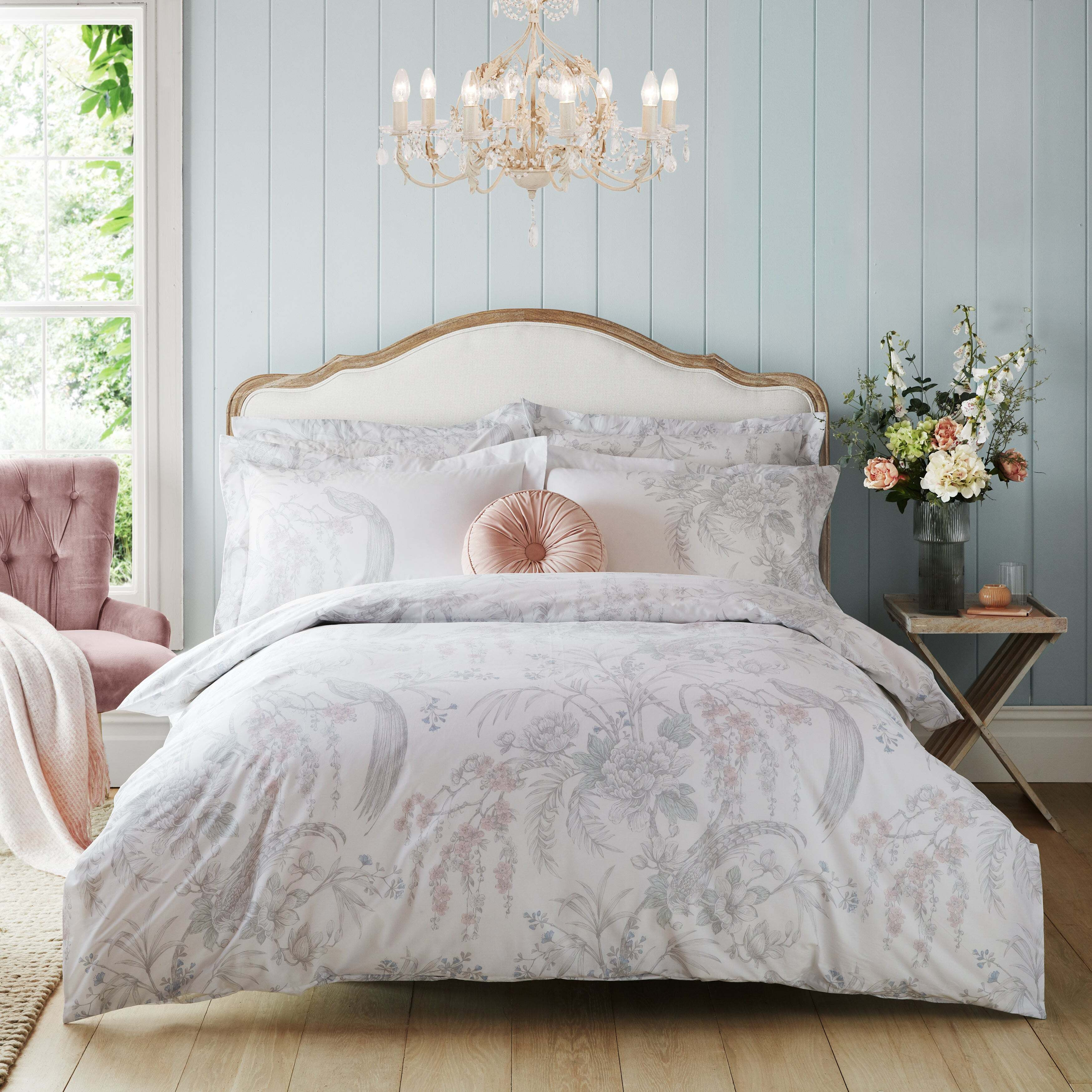 Holly Willoughby Eleni Bird 100 Cotton Duvet Cover and Pillowcase Set White/Grey by Dunelm