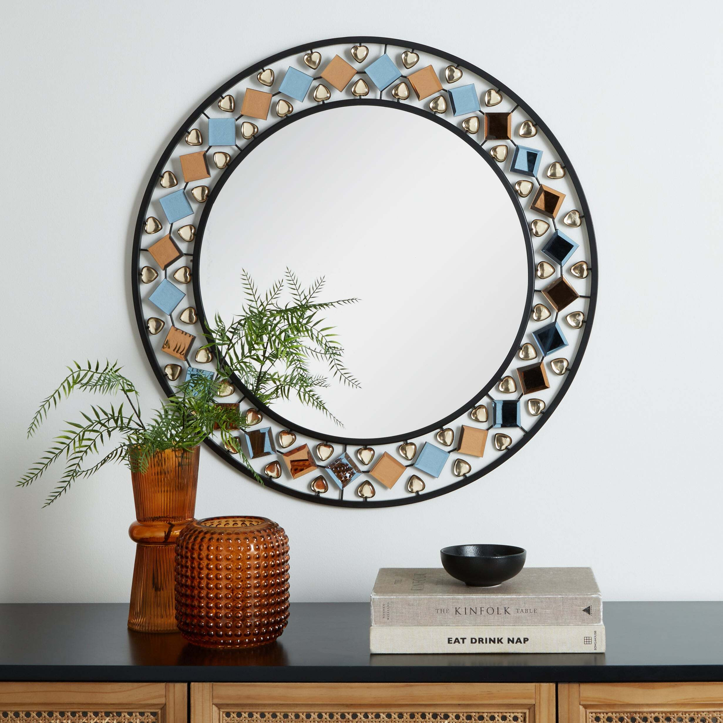 Global Gem Edge Round Wall Mirror, Black 68cm Black by Dunelm