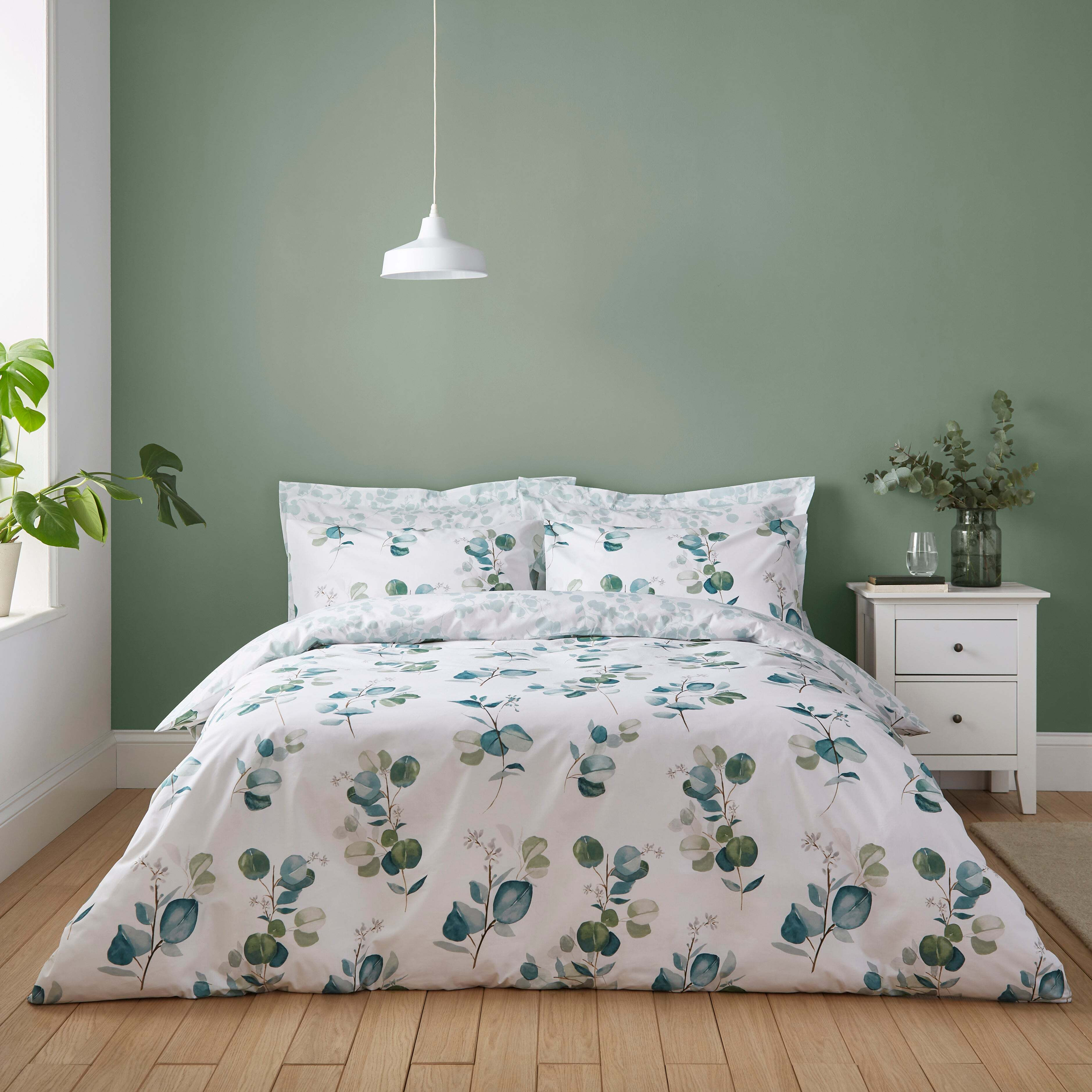 Eucalyptus Green Duvet Cover and Pillowcase Set Green/White by Dunelm