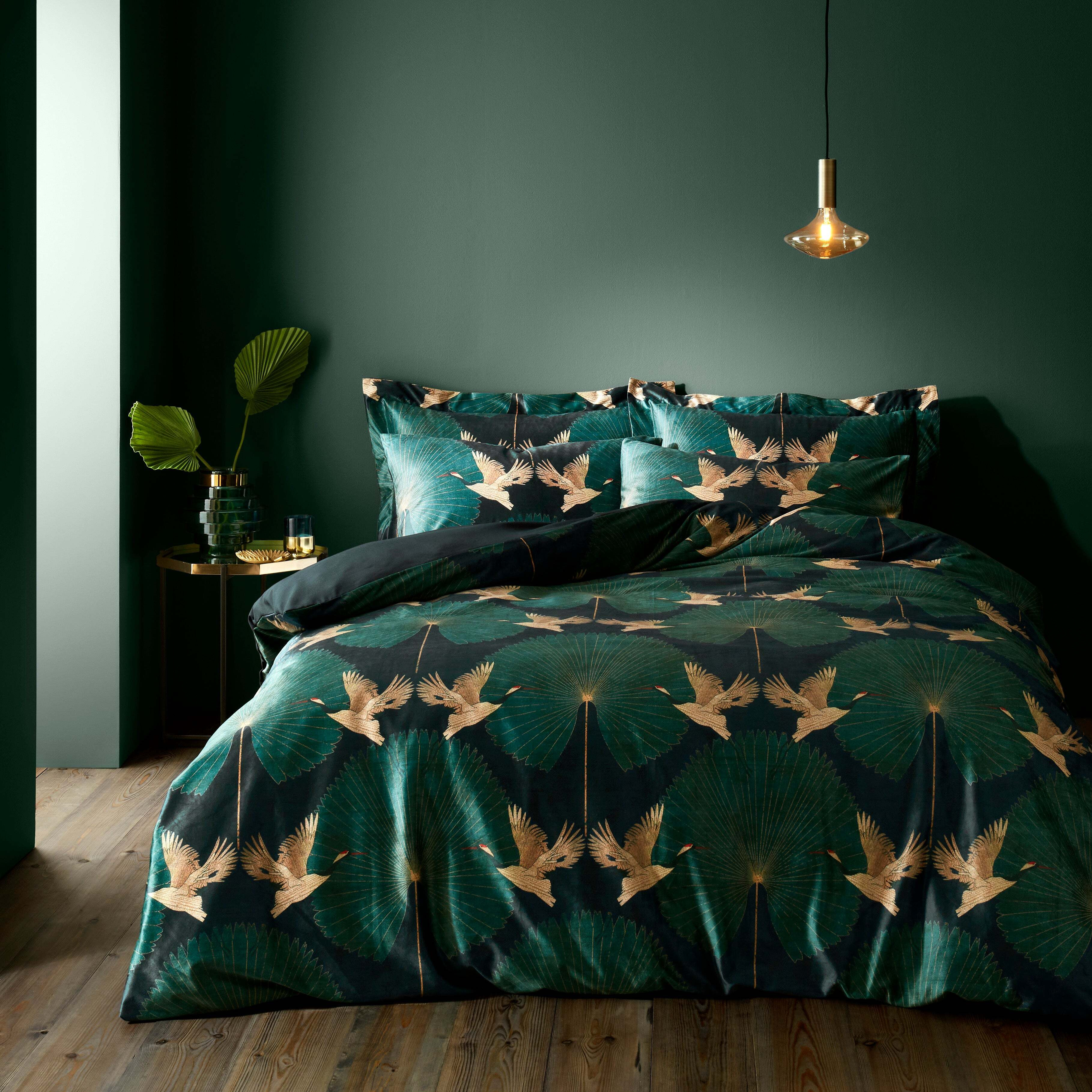 Luxe Cranes Emerald Duvet Cover and Pillowcase Set Green/Gold by Dunelm