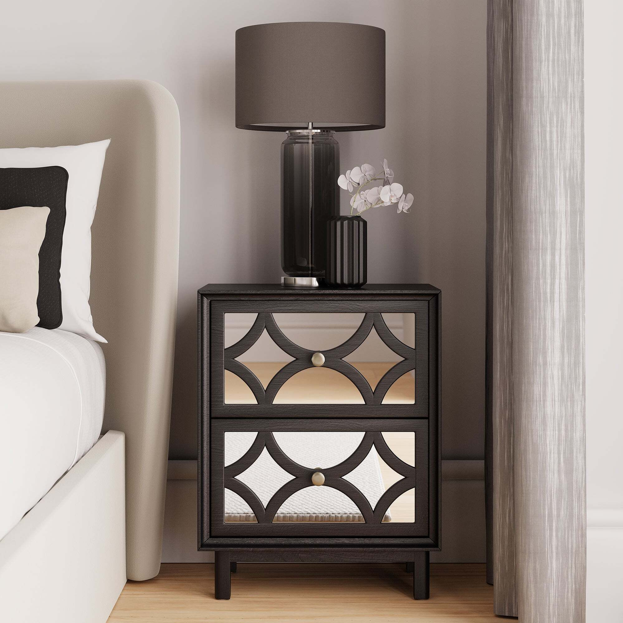 Delphi 2 Drawer Bedside Table, Mirrored Black by Dunelm | ufurnish.com