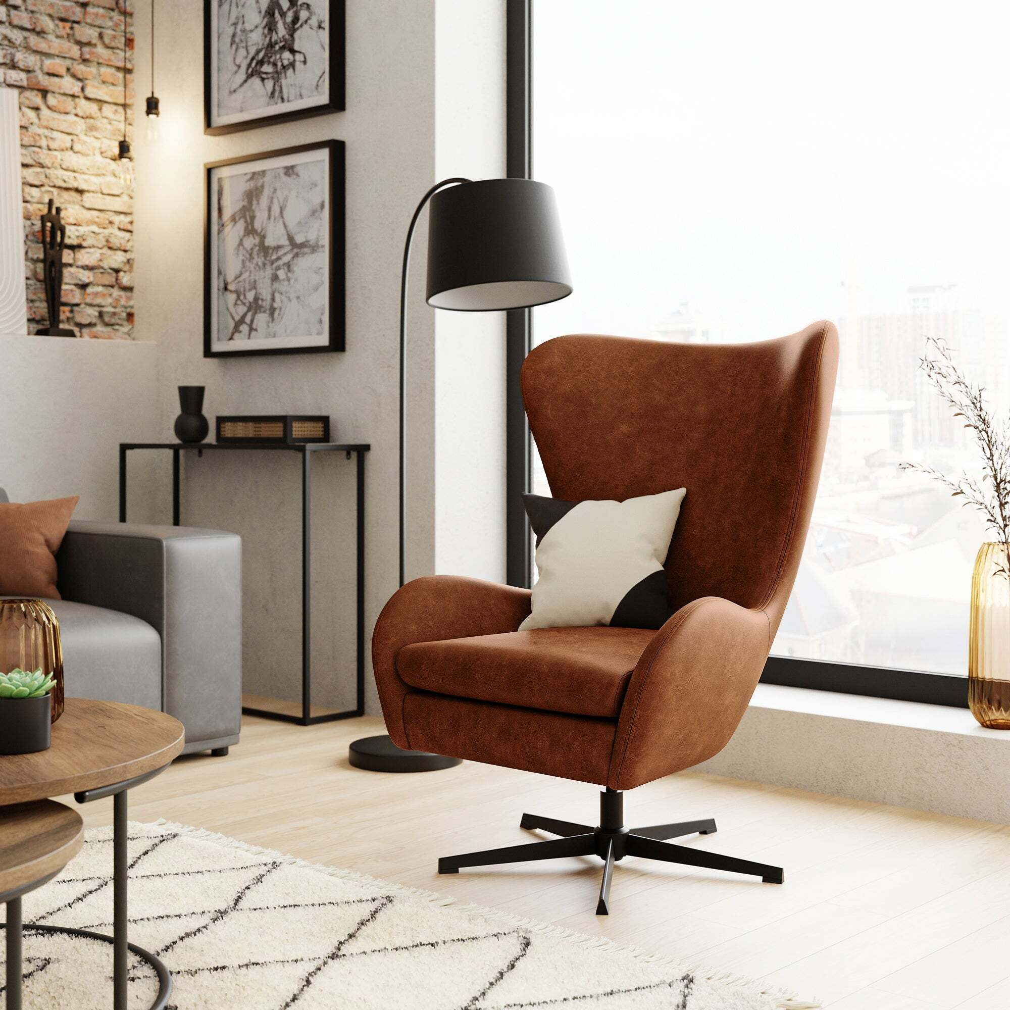 Kuvert Faux Leather Swivel Chair Tan Brown by Dunelm | ufurnish.com