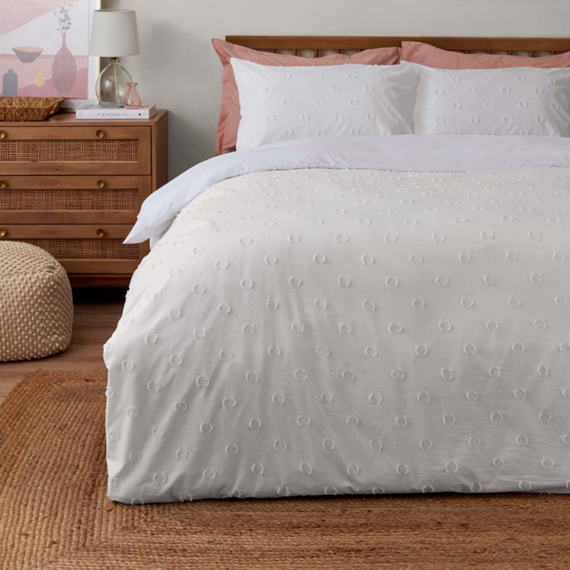 Thyra Tufted White Spot Duvet Cover and Pillowcase Set White by Dunelm