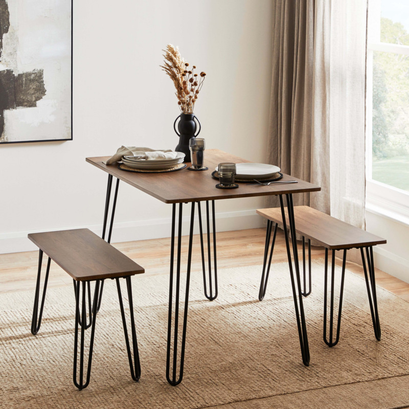 Bella 4 Seater Rectangular Hairpin Leg Dining Table with 2 Benches Wood (Brown) by Dunelm