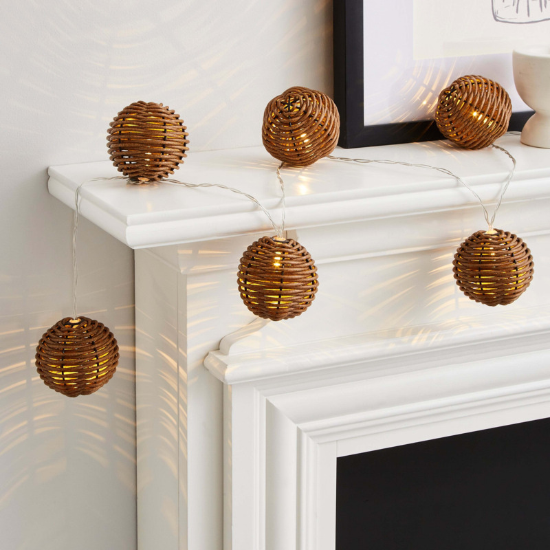 Rattan Ball LED String Lights Brown by Dunelm