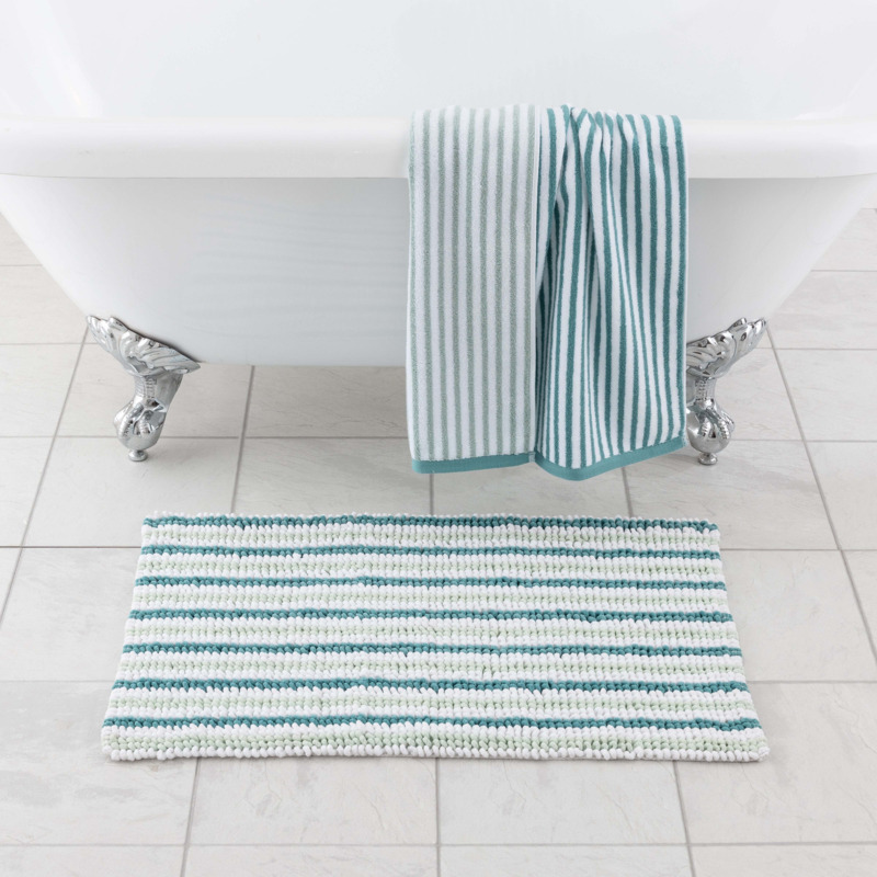 Mint Stripe Bobble Bath Mat Green/White by Dunelm