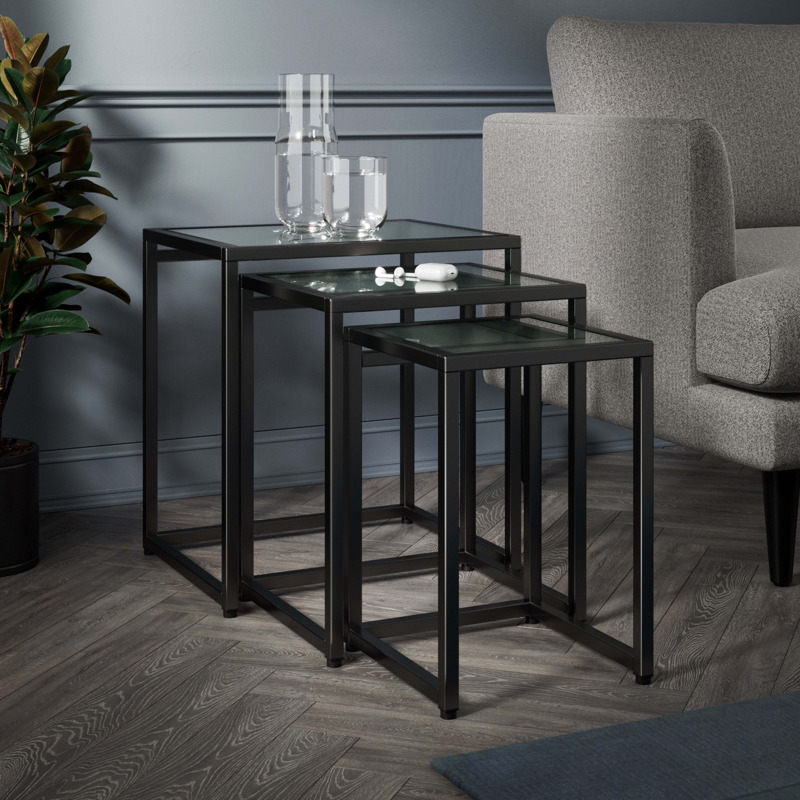 Stannis Nest of Tables Black, Ribbed Glass Black by Dunelm | ufurnish.com