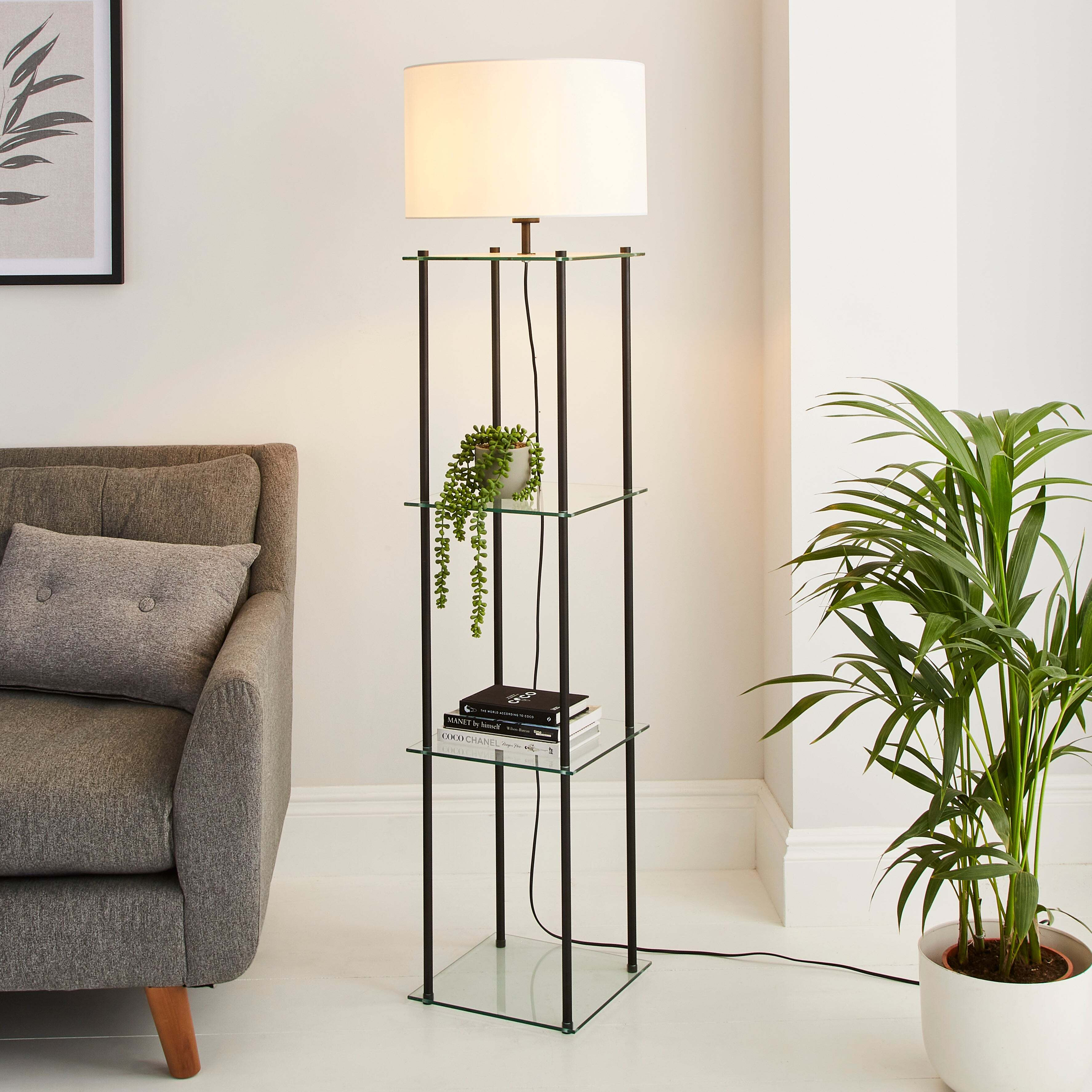 Wendell Glass Shelved Floor Lamp Black by Dunelm