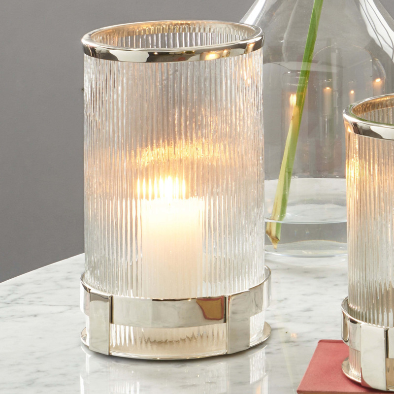 Metal and Textured Tall Hurricane Vase Silver by Dunelm