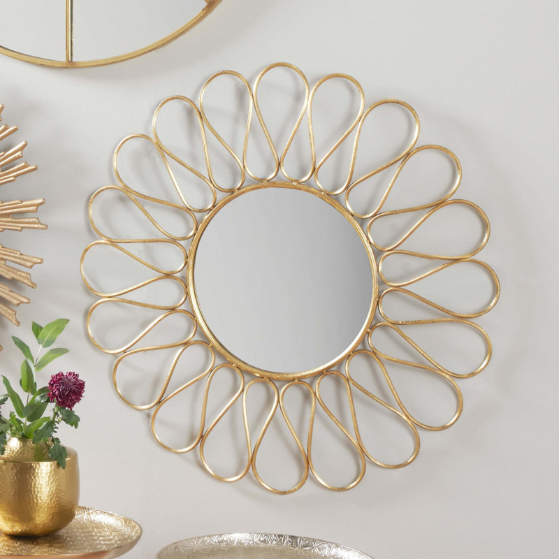 Petal Design Round Antique Gold Effect Effect Wall Mirror, 90cm Gold