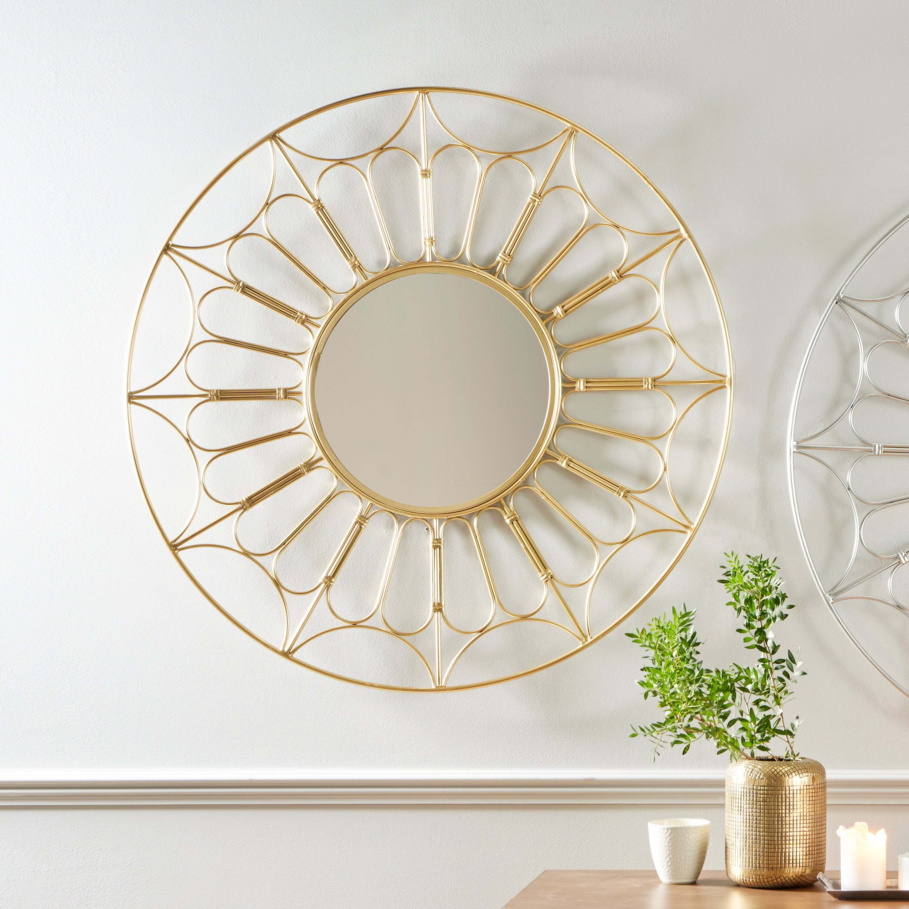 Metal Cane Effect Round Wall Mirror, Gold Effect Effect 100cm Gold