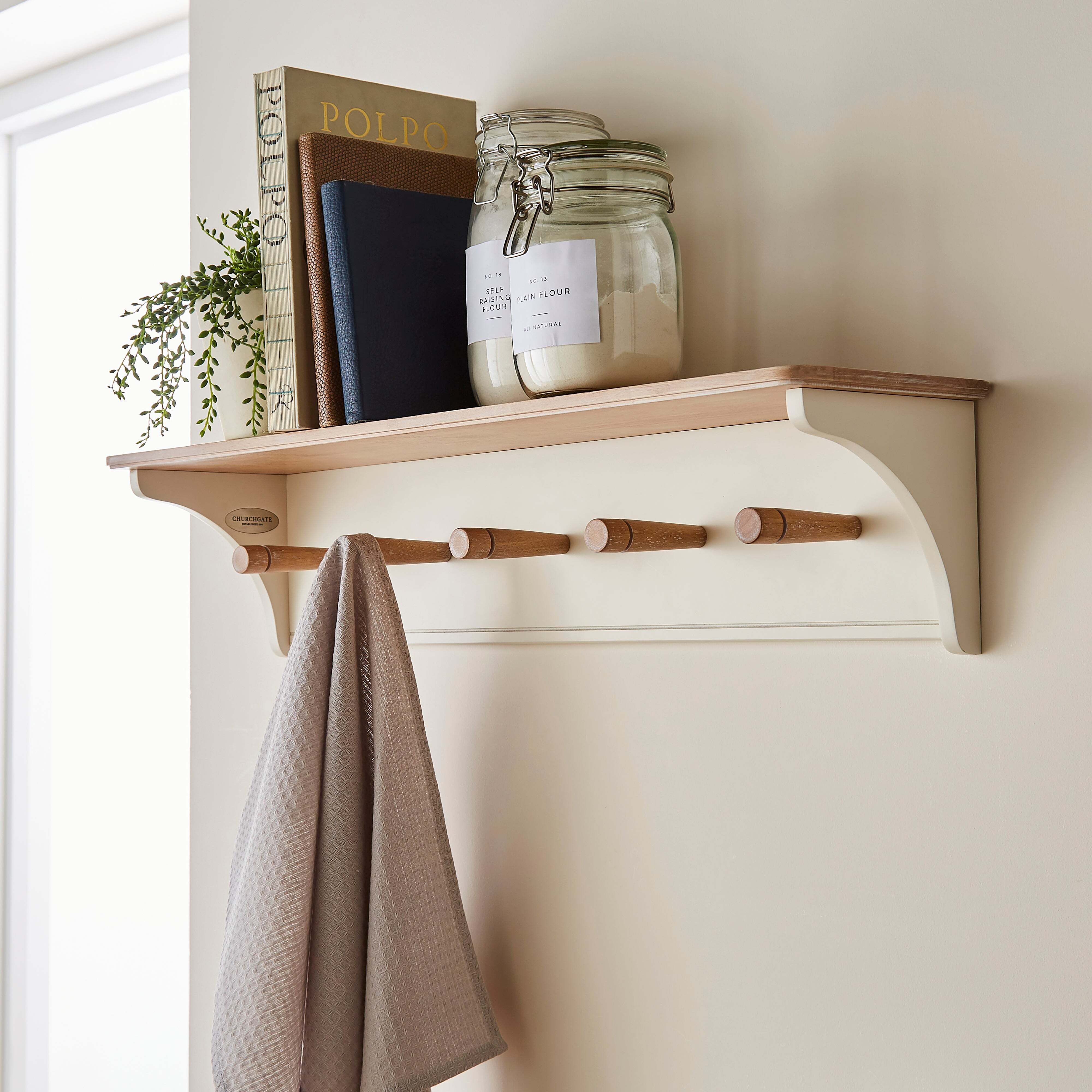 Churchgate Wall Mounted Kitchen Shelf with Hooks Natural by Dunelm