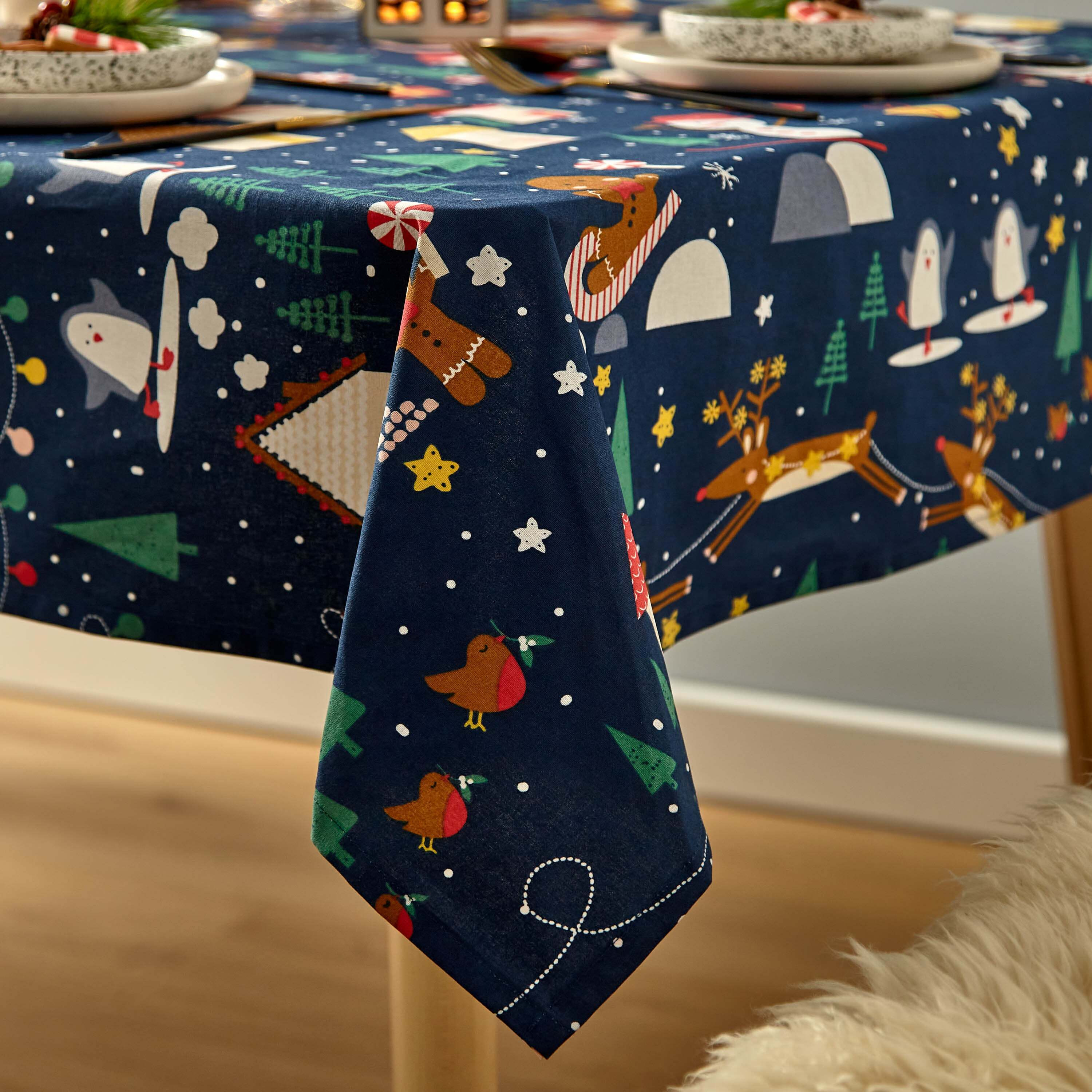 Dunelm Catherine Lansfield Santa's Christmas Wonderland Navy Blue Table ...