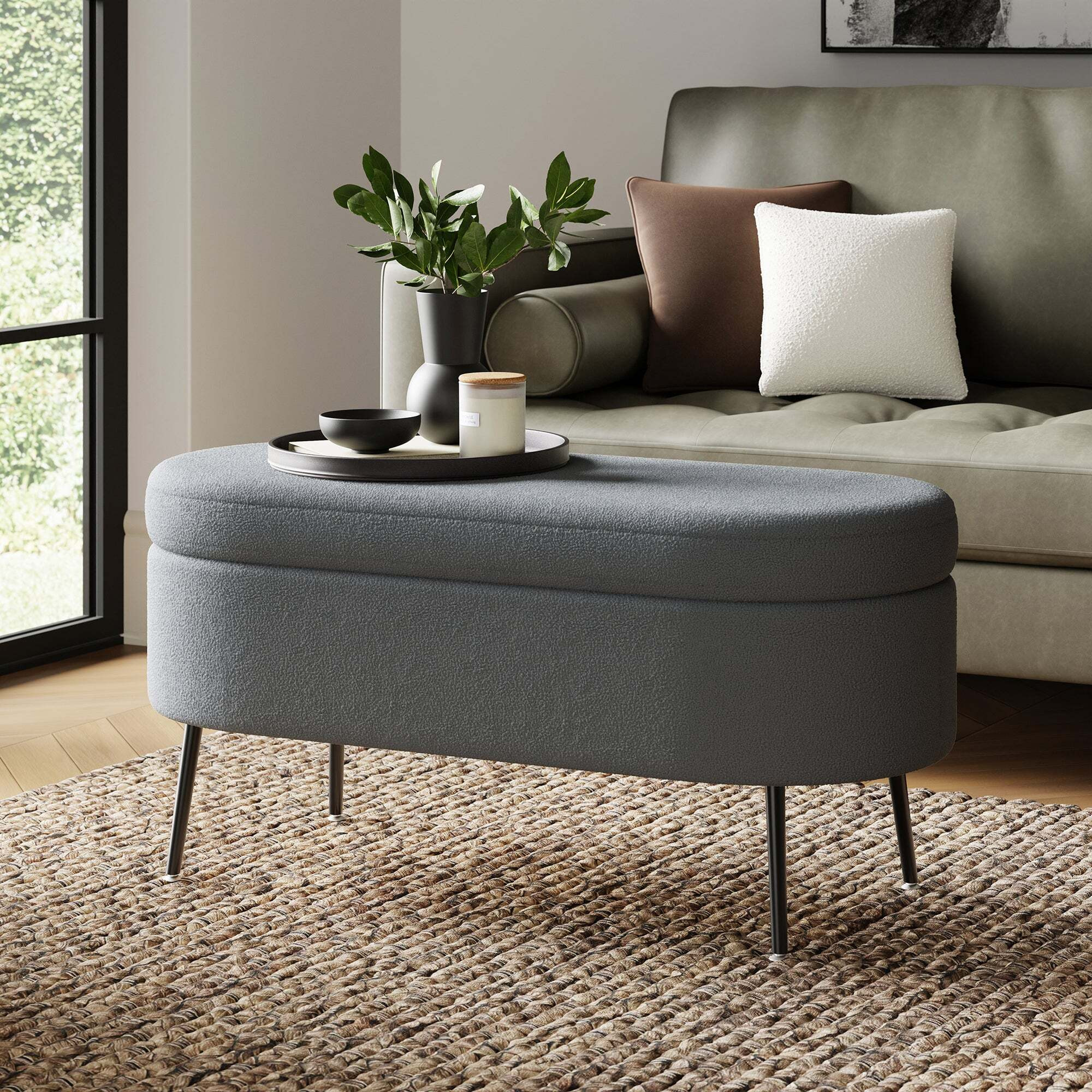 Boucle Ottoman チャコールグレー 2way Evie Boucle Storage Ottoman Grey by Dunelm | uFurnish.com