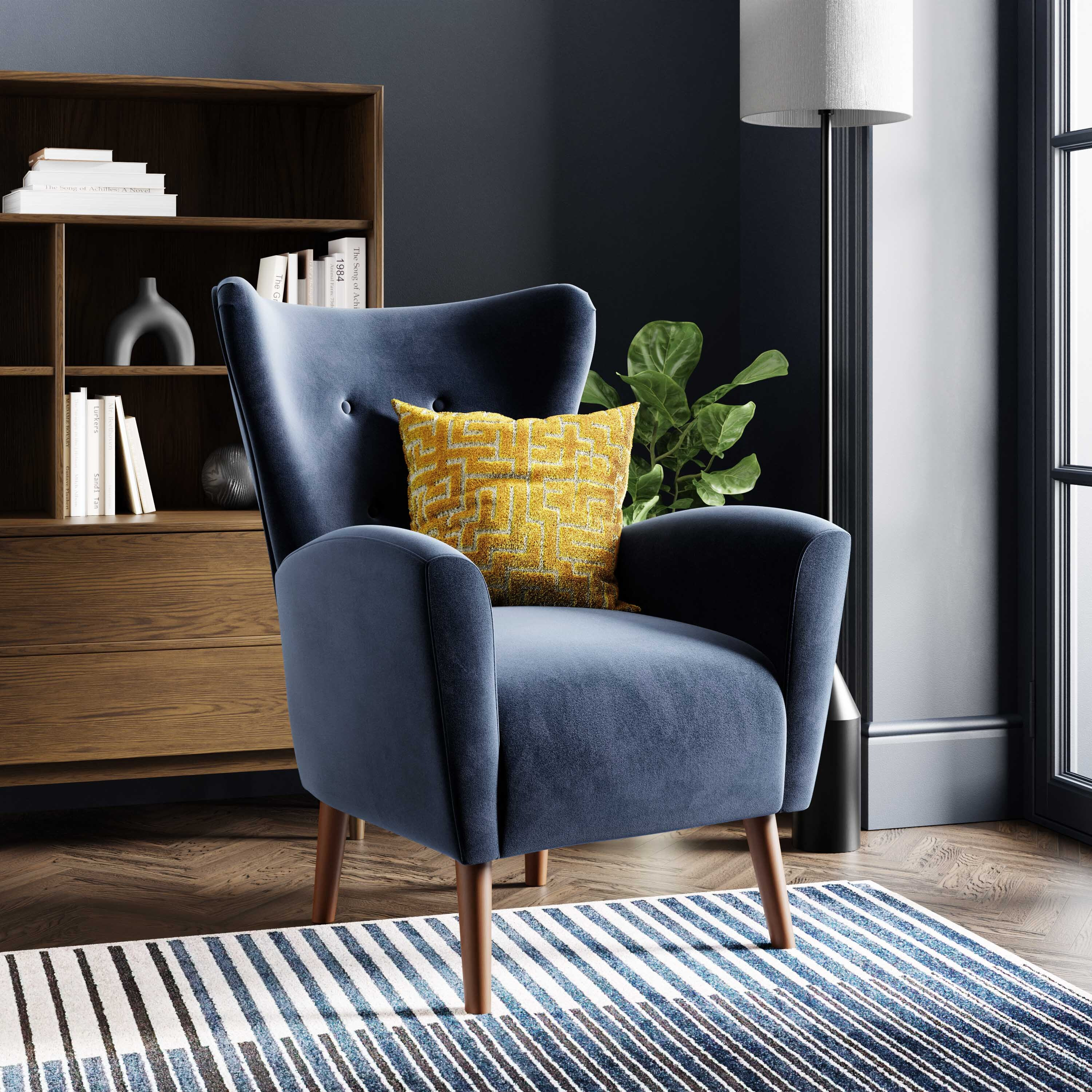Sven Velvet Modern Wing Chair Navy Velvet by Dunelm