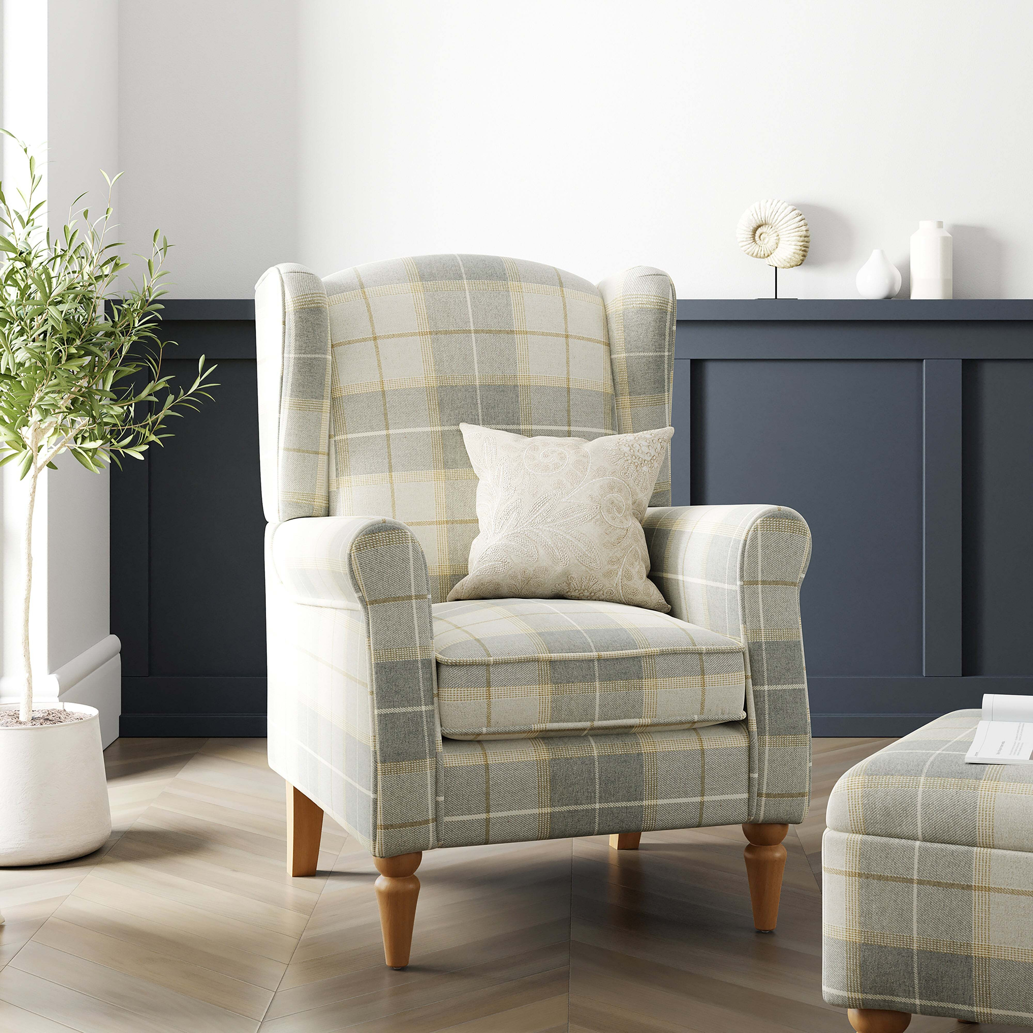 Oswald Check Armchair, Natural Grey Grey by Dunelm