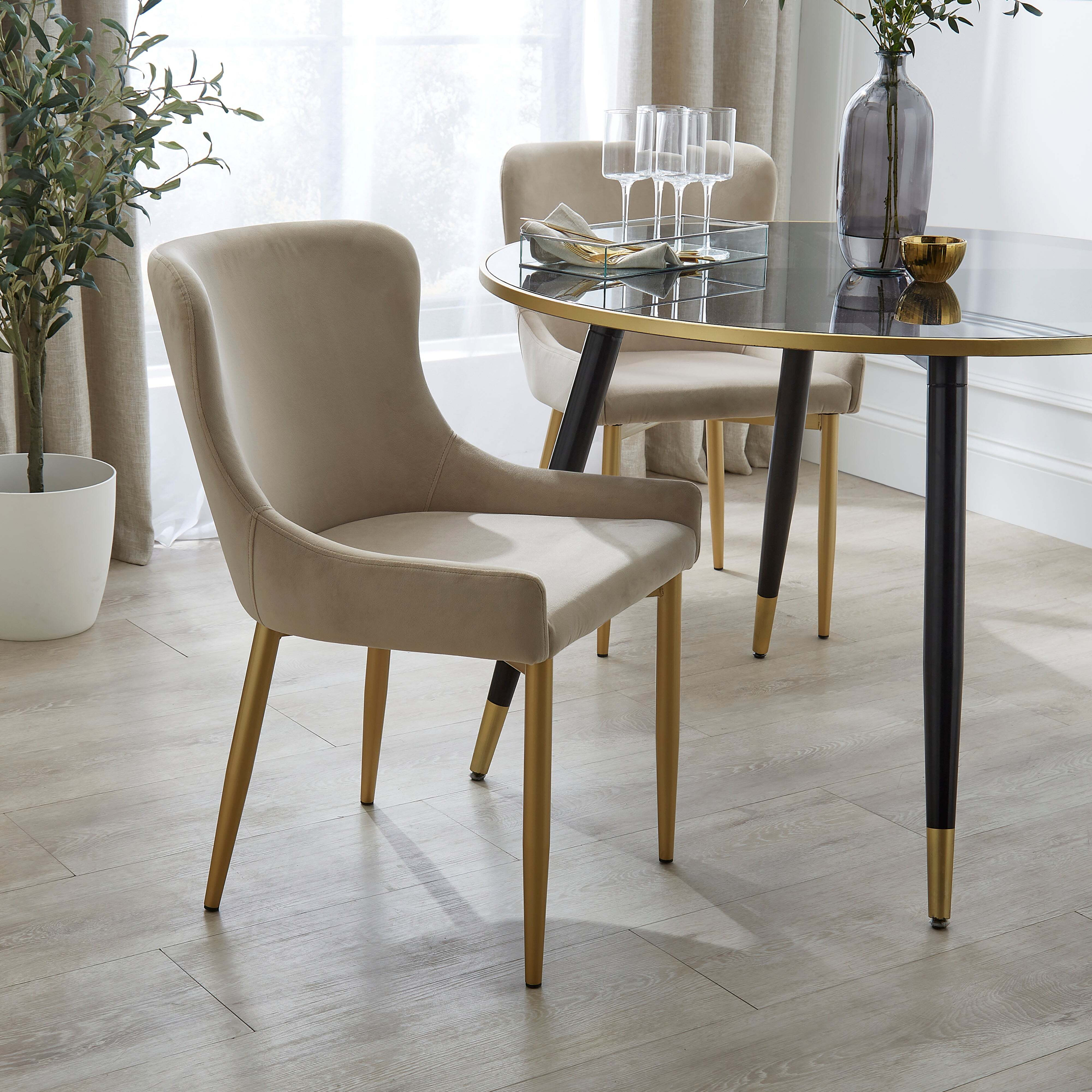 Montreal Set of 2 Dining Chairs, Mink Velvet Beige by Dunelm