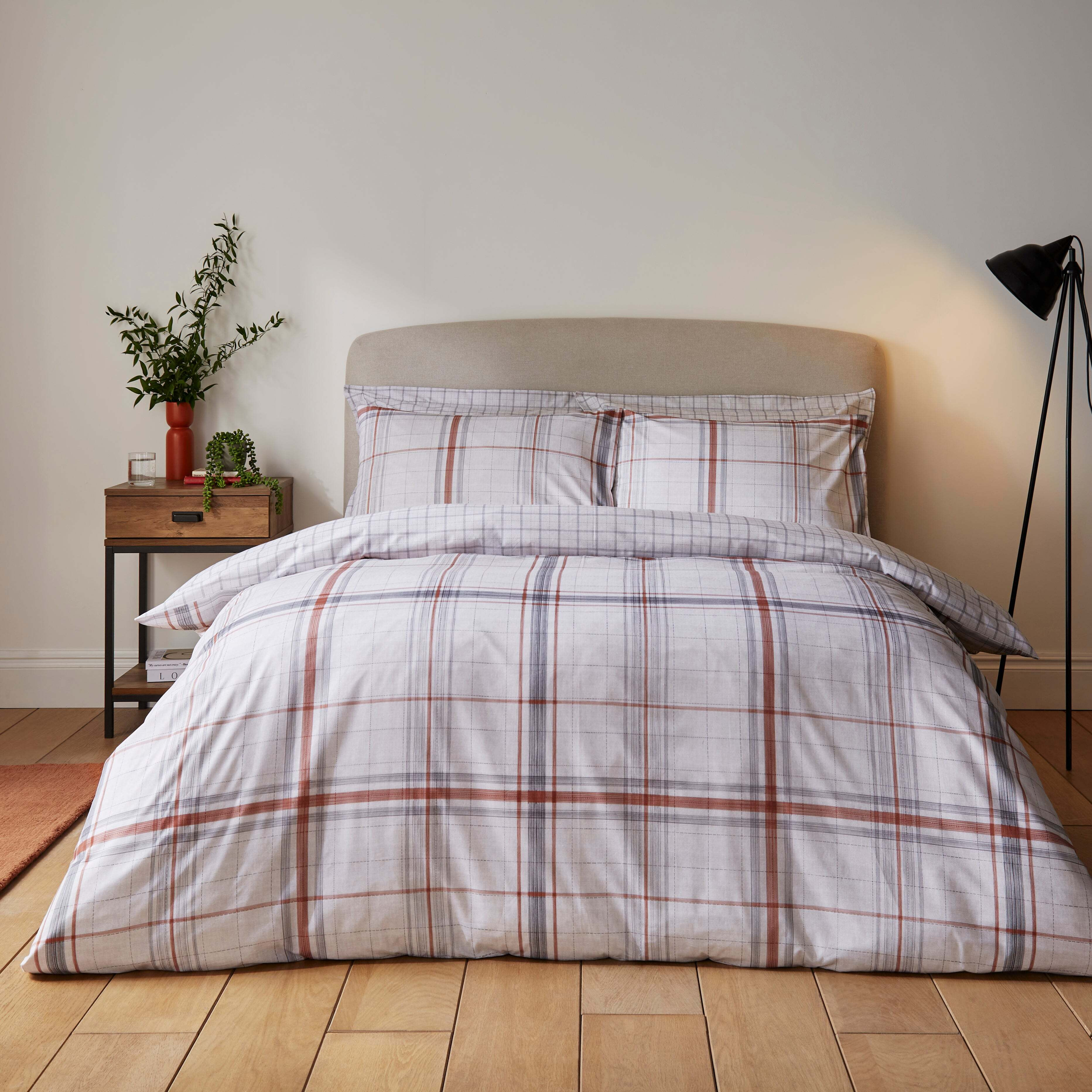 Finley Check Terracotta Duvet Cover and Pillowcase Set White/Brown/Grey