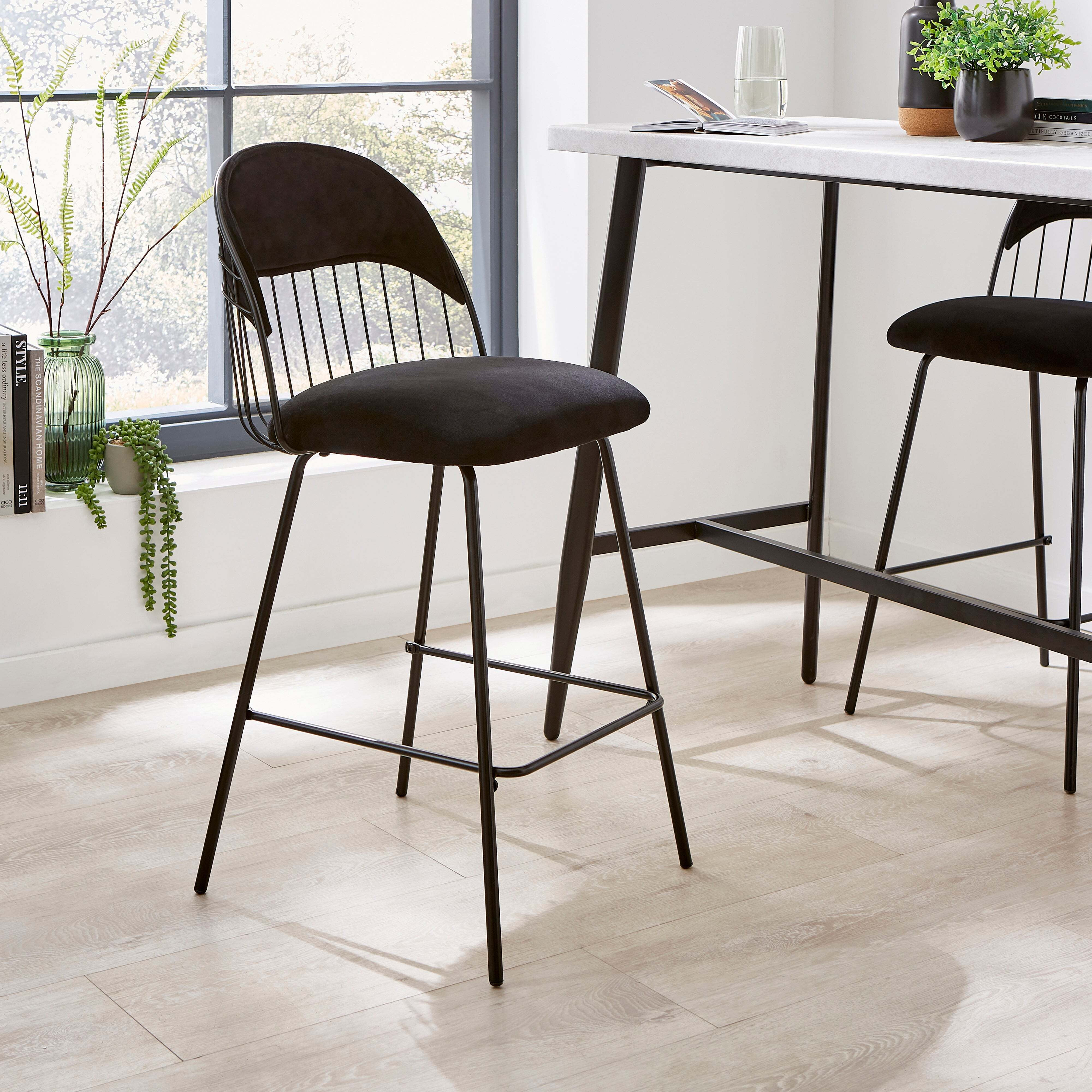 Marcela Velvet Bar Stool, Black Black by Dunelm