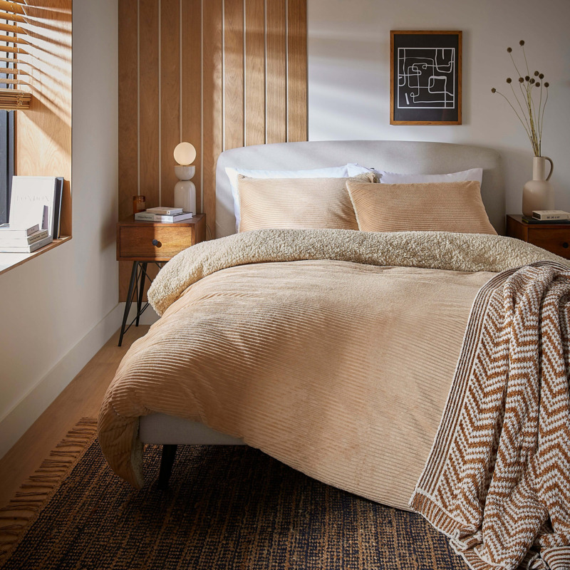 Dunelm Natural Cosy Cord Sherpa Stripe Duvet Cover & Pillowcase Set