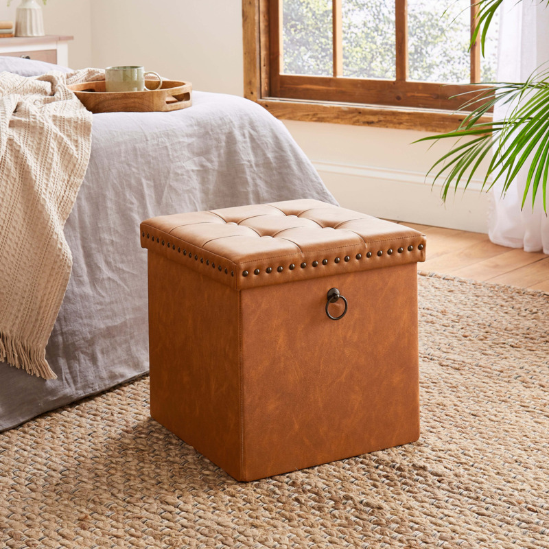 Faux Leather Cube Ottoman Tan Tan by Dunelm