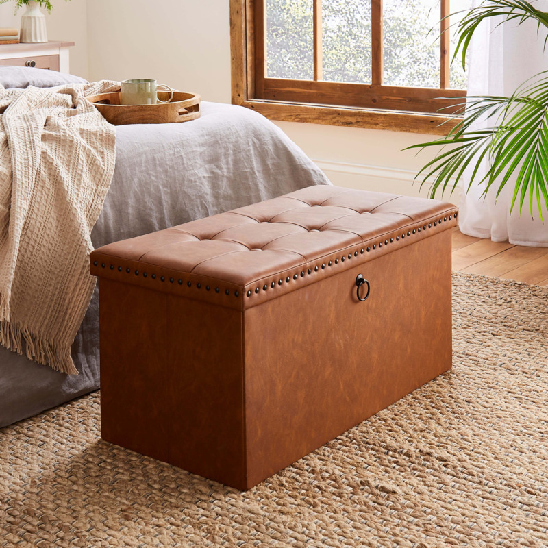 Faux Leather Ottoman Tan Tan by Dunelm
