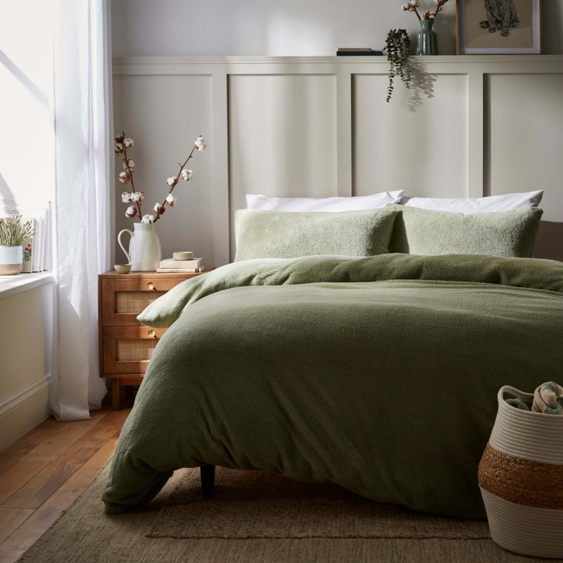 Dunelm Teddy Sage Green Duvet Cover and Pillowcase Set, Size Double