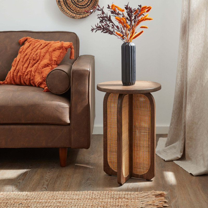 Mila Rattan Dark Mango Wood Side Table Brown by Dunelm