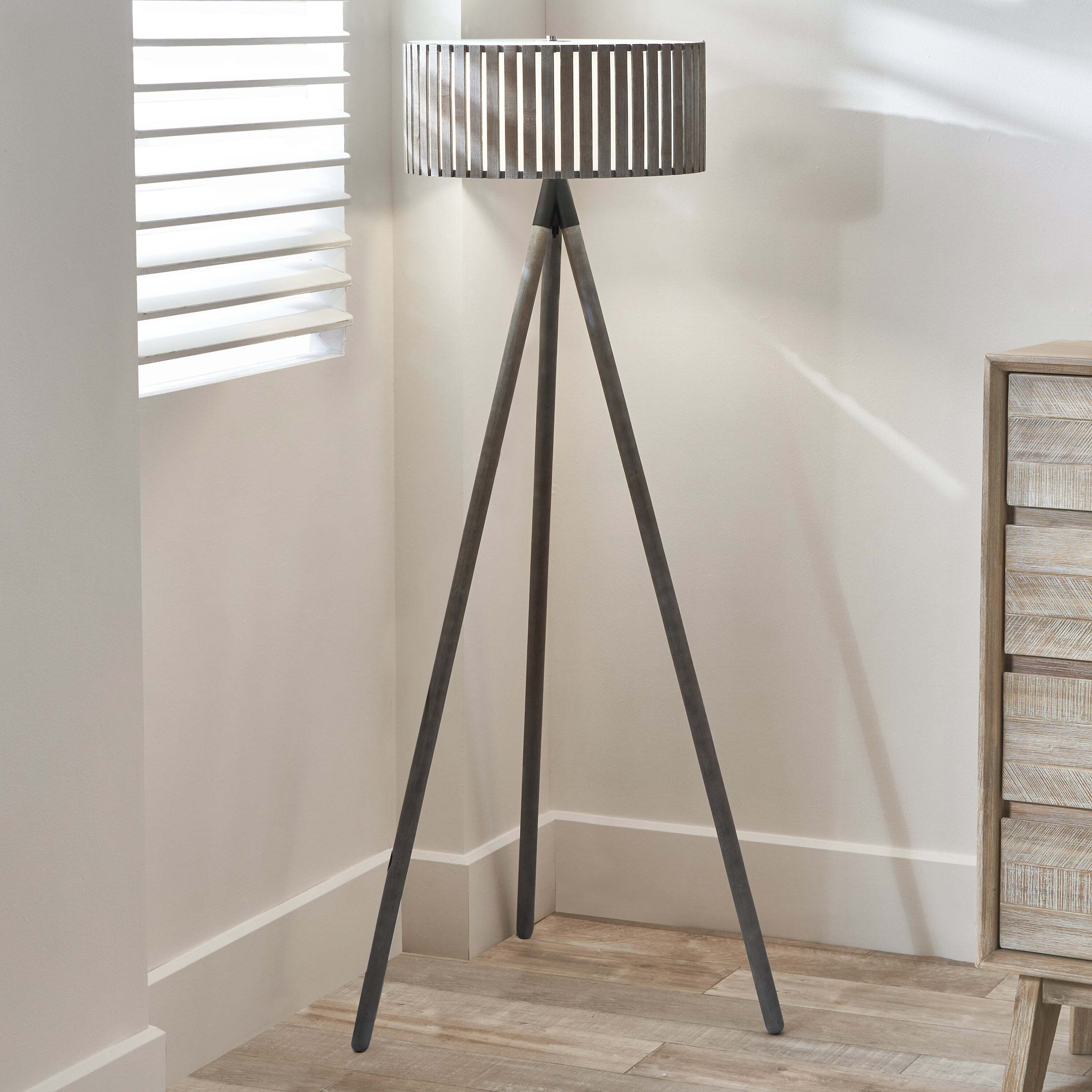 Rabanne Wooden Slat Tripod Floor Lamp Grey by Dunelm