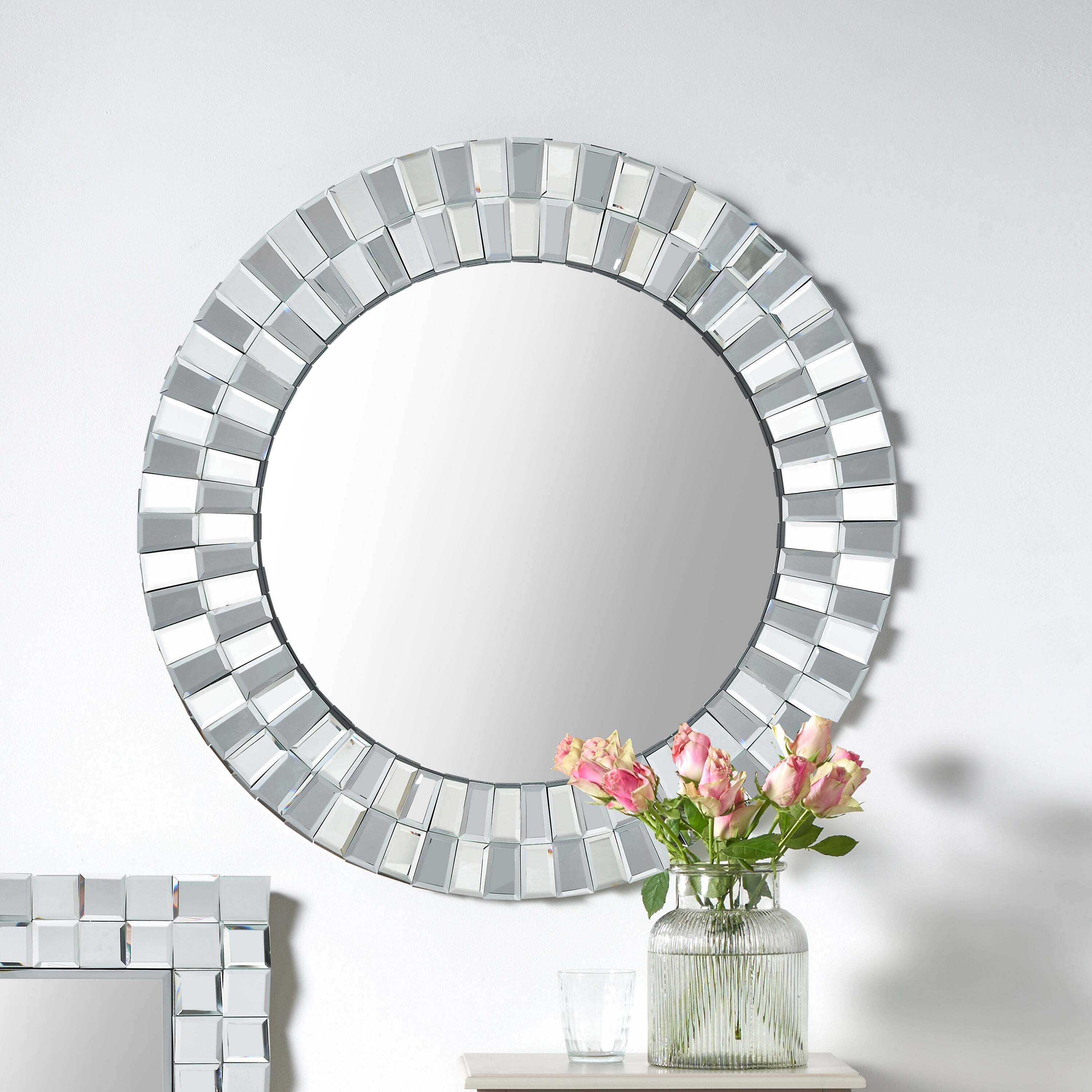Mirrored Glass Tile Round Wall Mirror, 80cm Silver by Dunelm