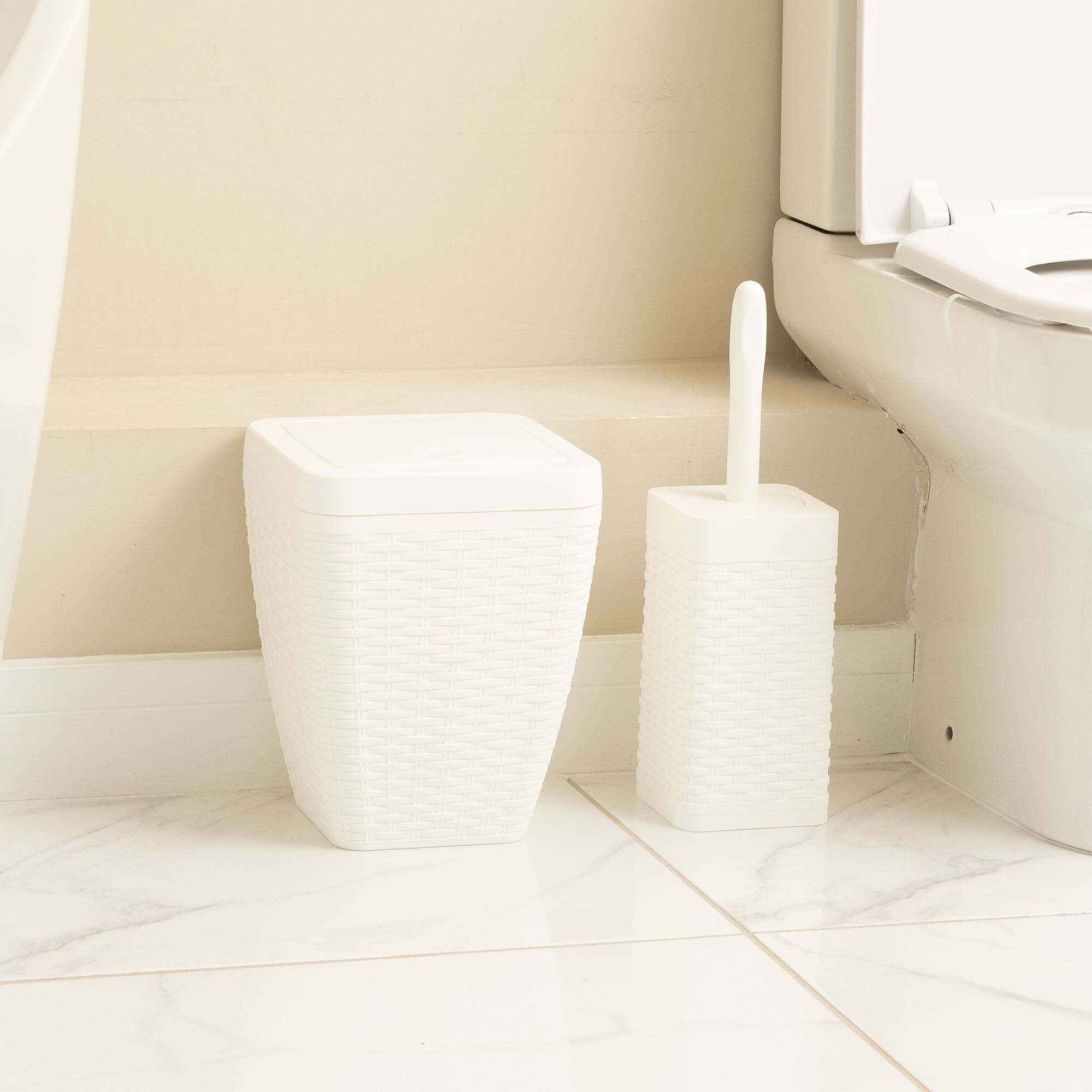 Addis Rattan White Toilet Brush & Bin Set White by Dunelm | ufurnish.com