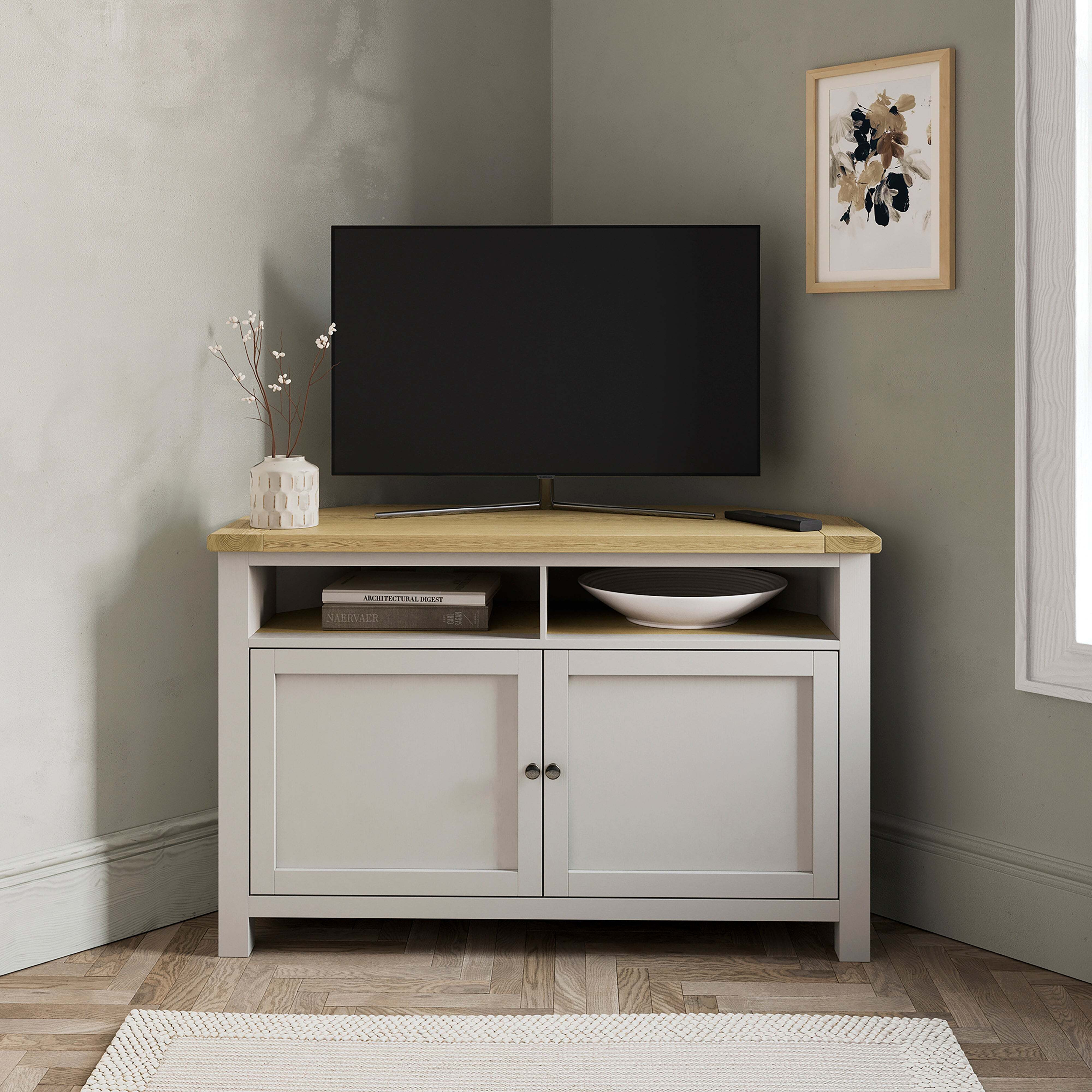 "Olney High Corner TV Unit, Stone for TVs up to 50"" Beige" by Dunelm