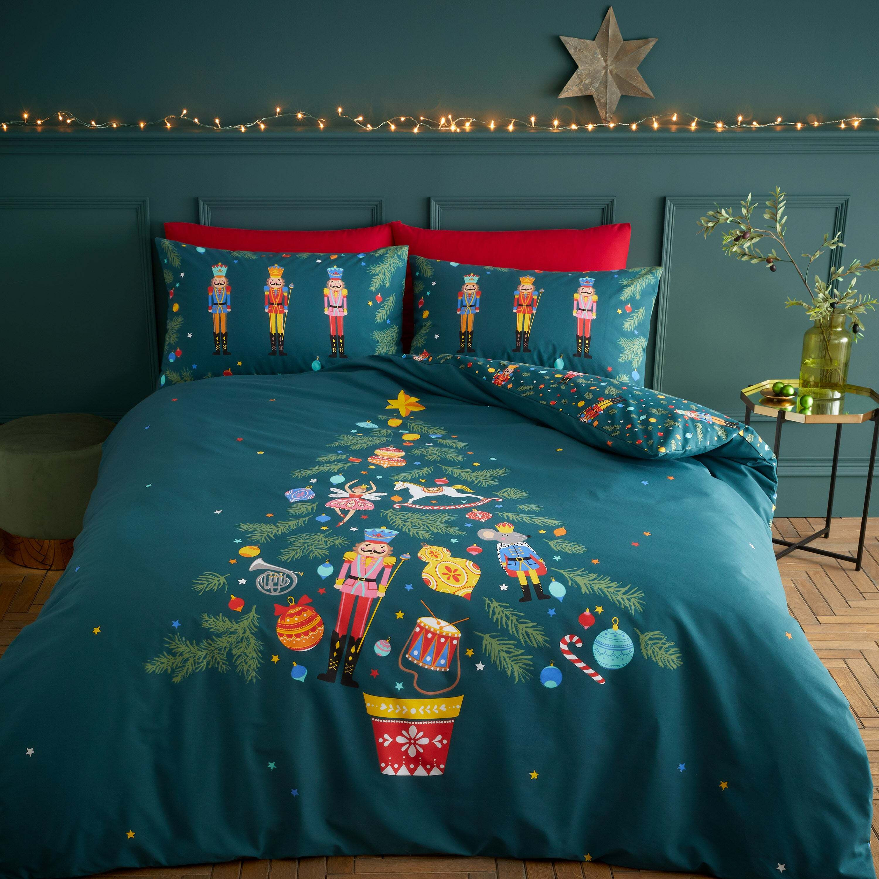 Dunelm Catherine Lansfield Green Christmas Nutcracker Reversible Duvet Cover & Pillowcase Set