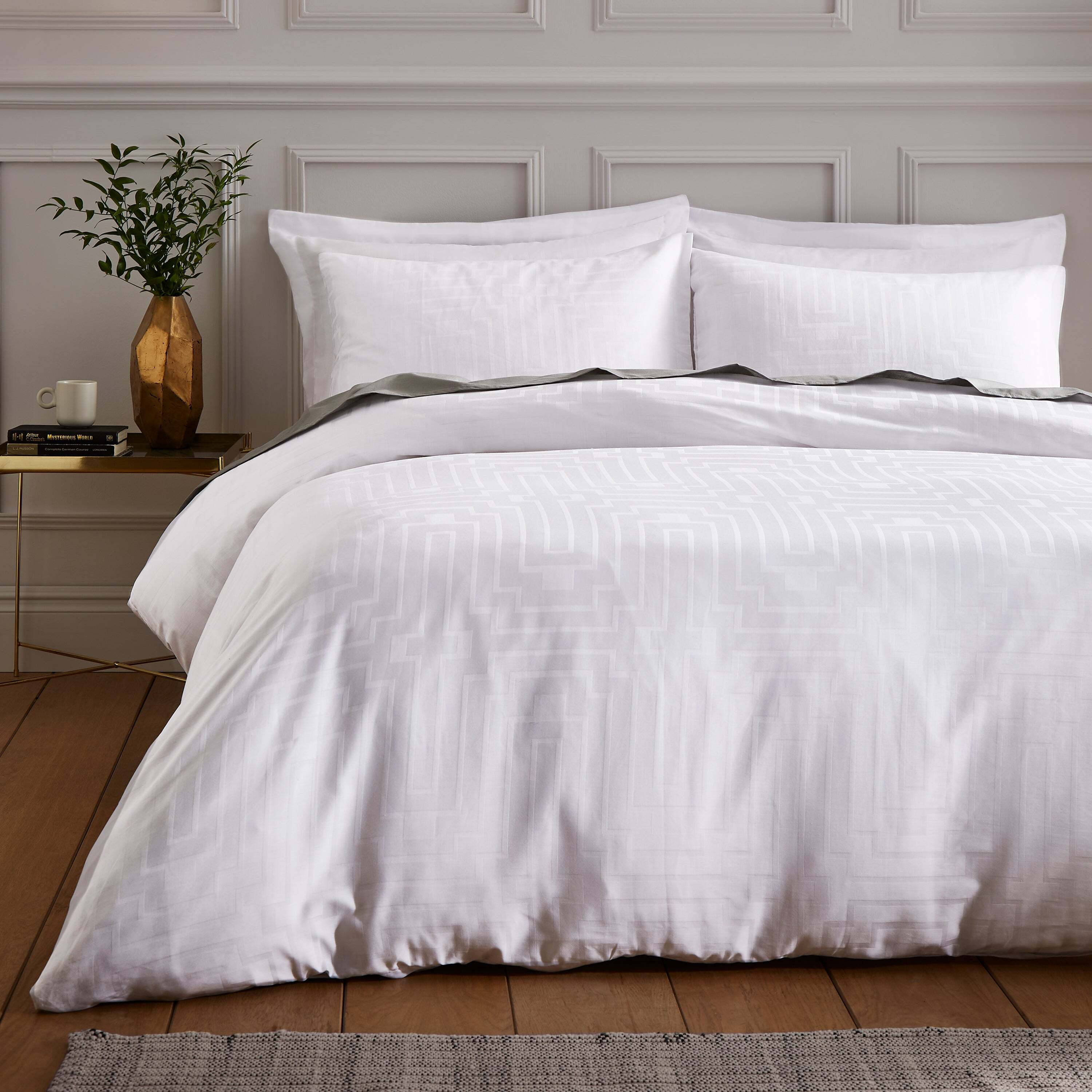 Bianca Satin Geo Jacquard 100 Cotton White Duvet Cover & Pillowcase