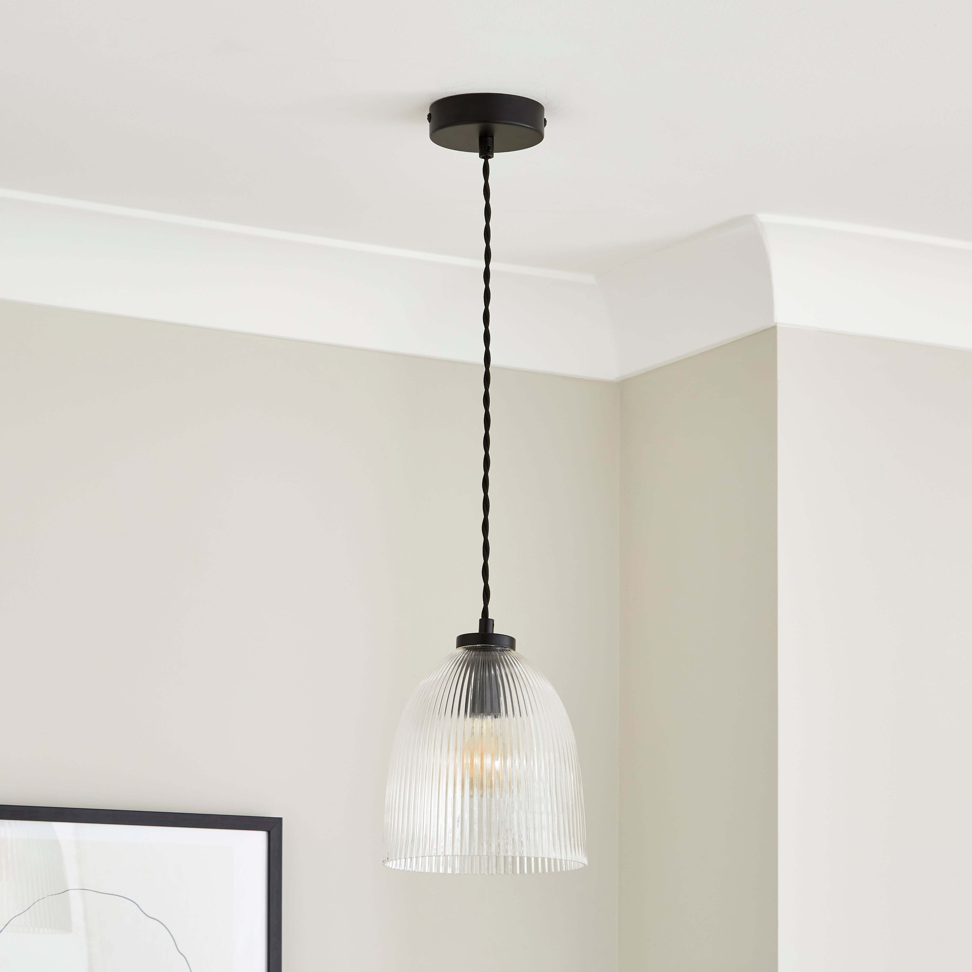 Ezra Ribbed Glass Pendant Light Black by Dunelm | ufurnish.com