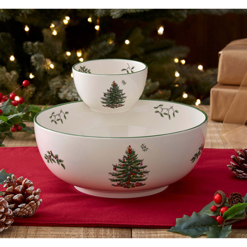 Dunelm Porcelain White & Green Christmas Tree Tiered Chip 'n Dip Bowl
