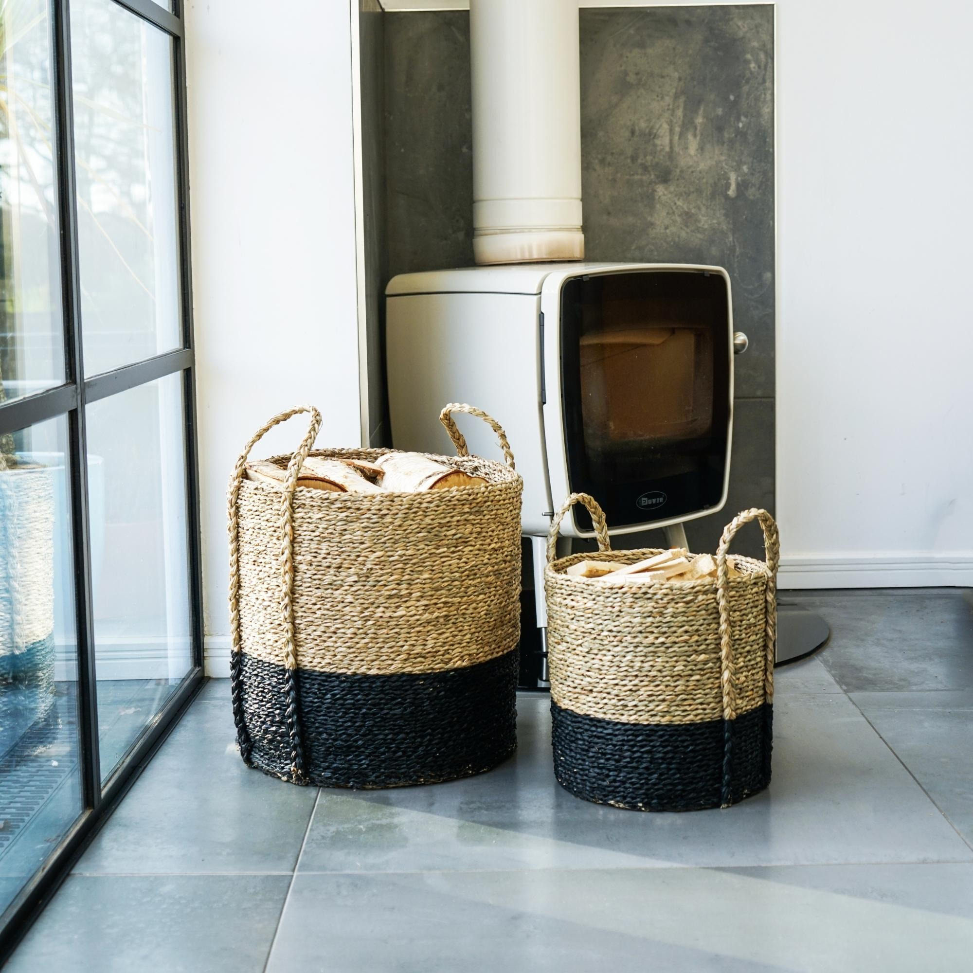 Set of 2 Black Seagrass Log & Kindling Basket Black by Dunelm
