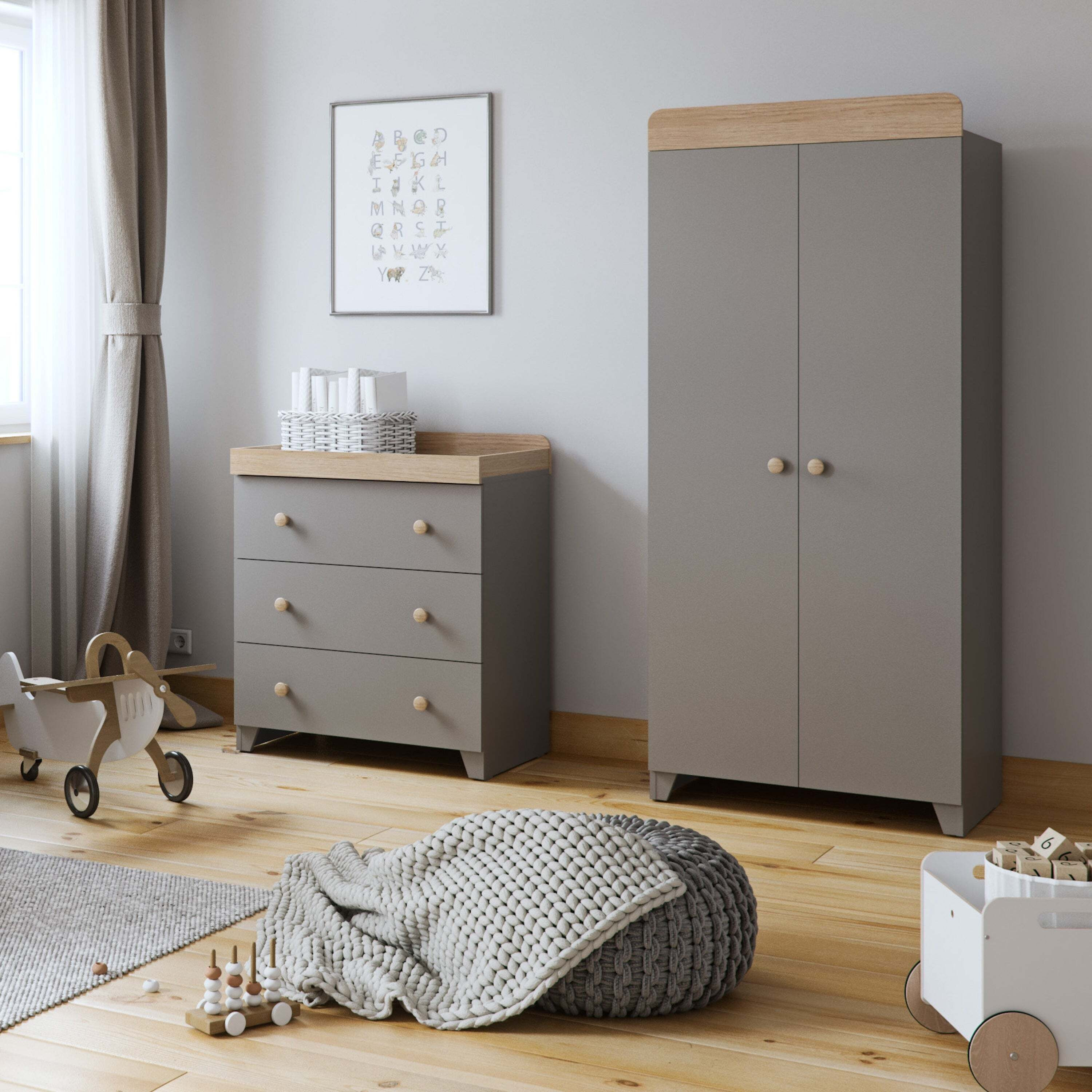 Little Acorns Classic Oak Effect 3 Drawer Chest and Wardrobe Nursery