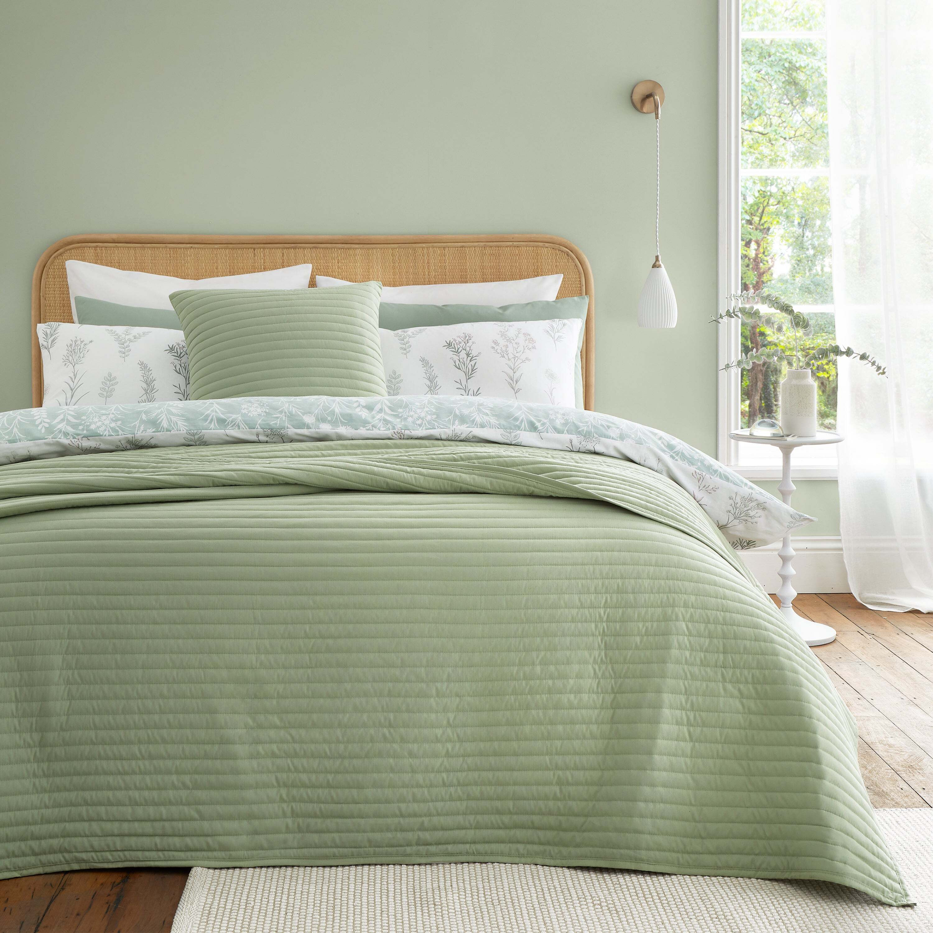 Bianca Quilted Lines Sage Green Bedspread 220cm x 230cm Green by Dunelm