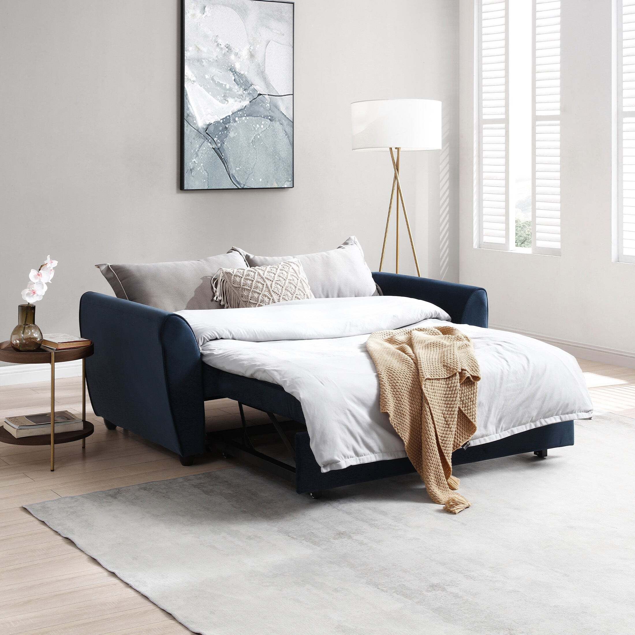 Mila Pop Up Velvet Double Sofa Bed Dark Blue by Dunelm