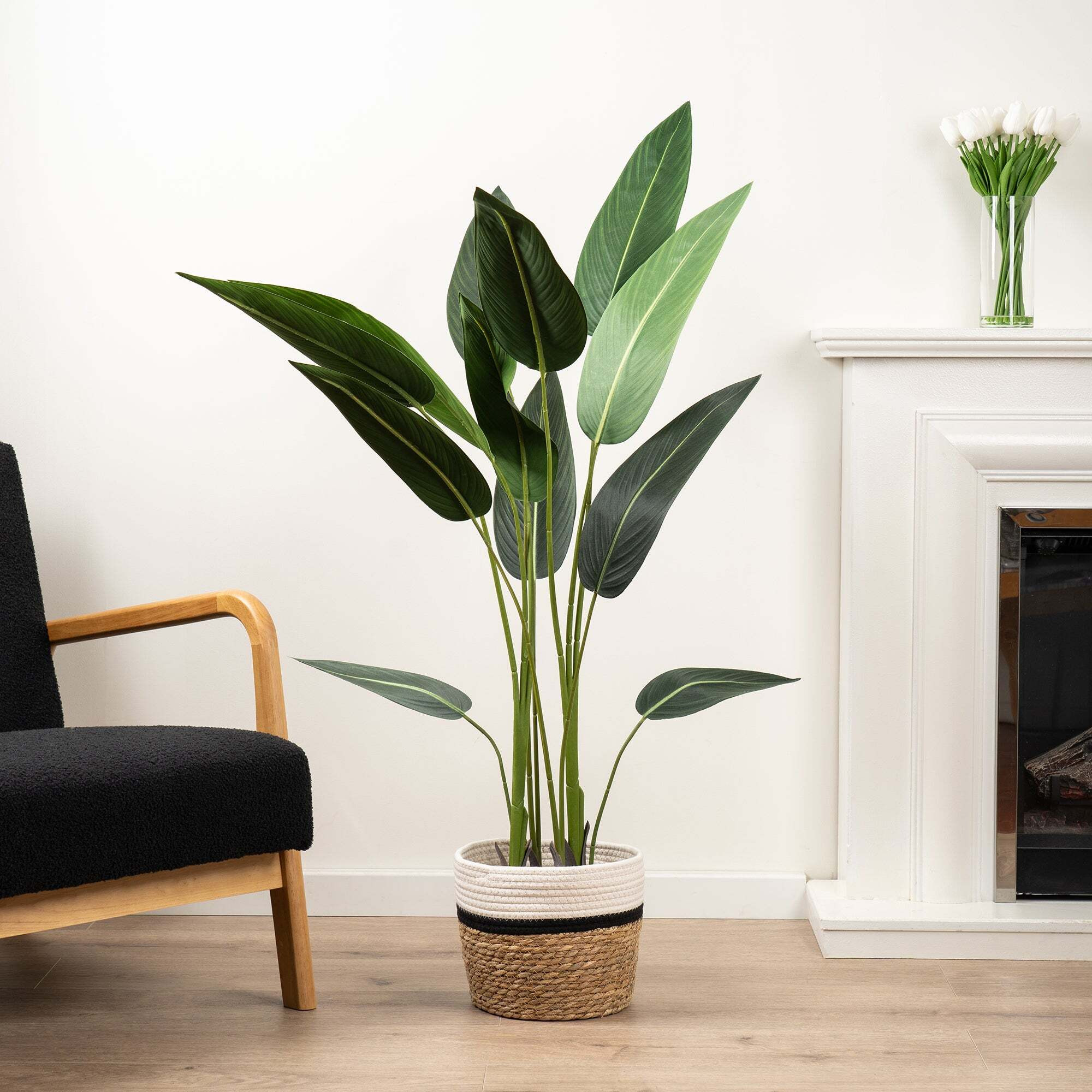 Artificial Bird of Paradise Tree in Black Plastic Plant Pot Green by Dunelm