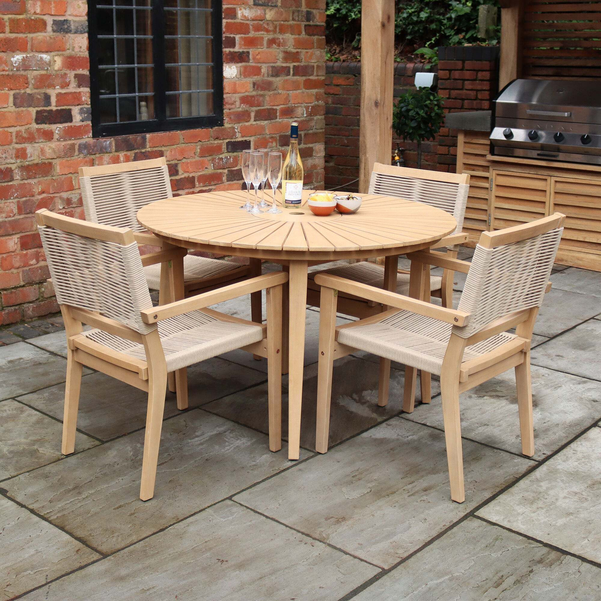 Roma 4 Seater Dining Set with 4 Stacking Rope Chairs Natural by Dunelm