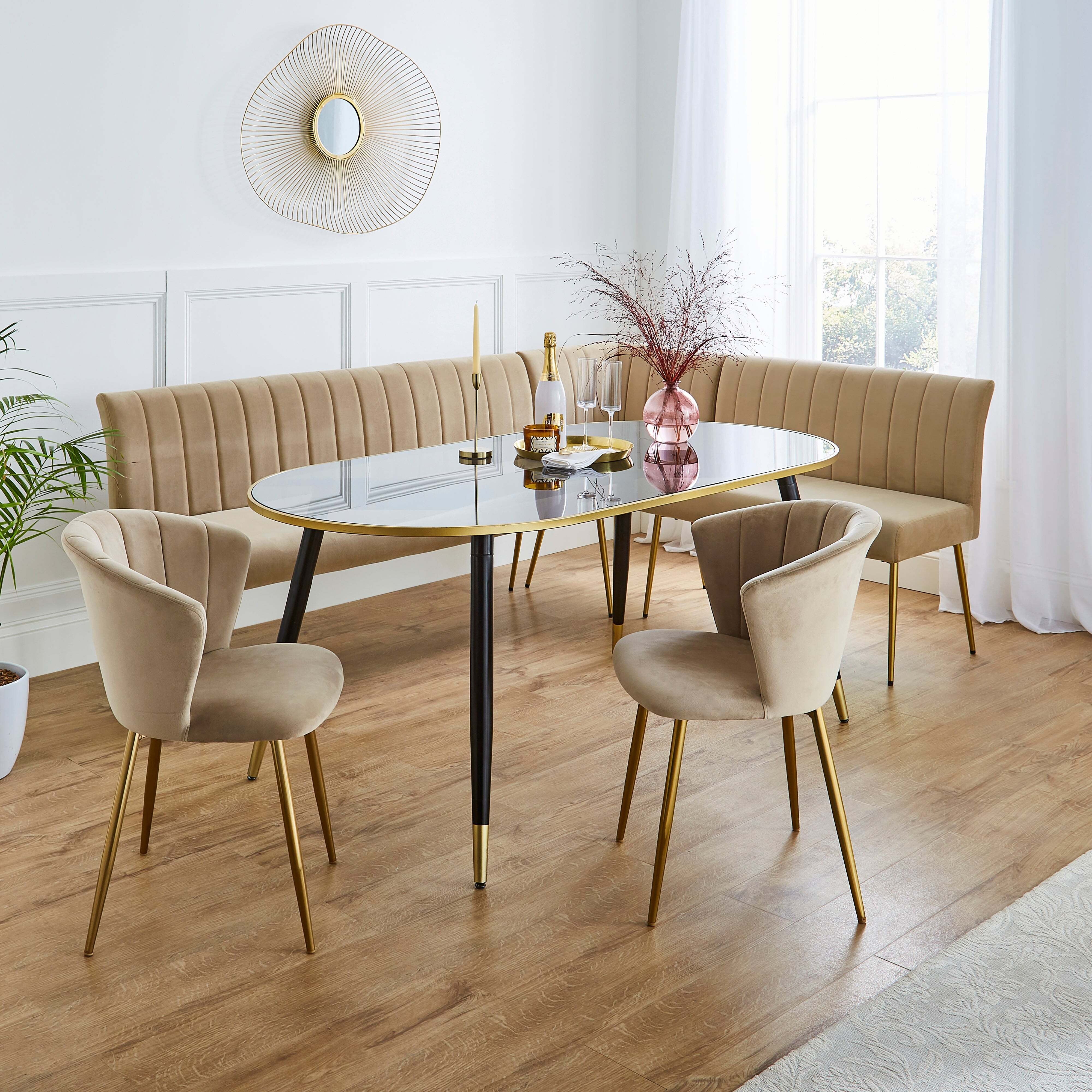 Sylvia Oval Dining Table with Kendall Mink Velvet Corner Bench & Dining ...