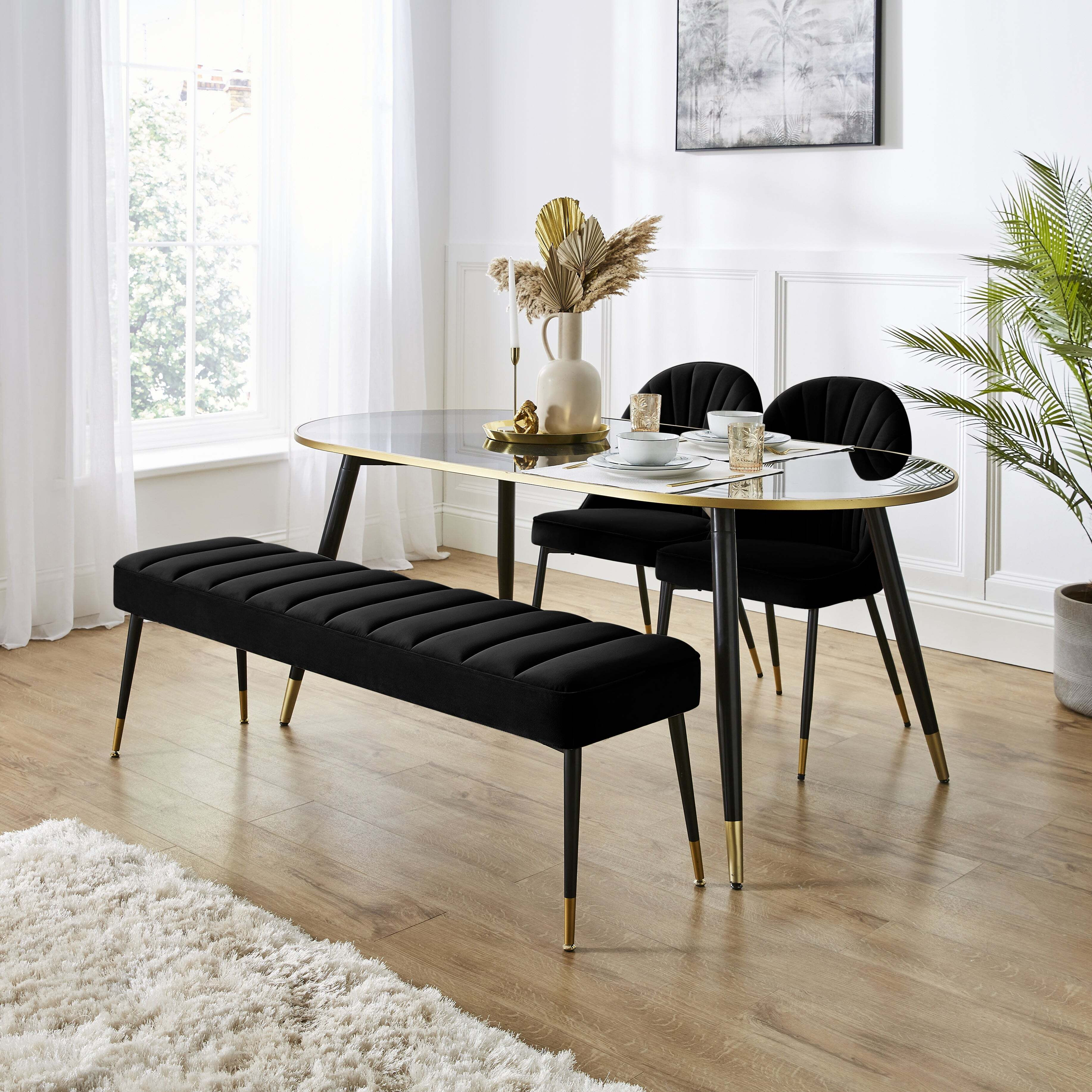 Sylvia Oval Dining Table with Sylvia Black Velvet Dining Bench & Chairs ...