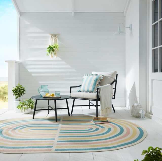 Pastel Stripe Oval Indoor Outdoor Rug Beige/Orange by Dunelm | ufurnish.com