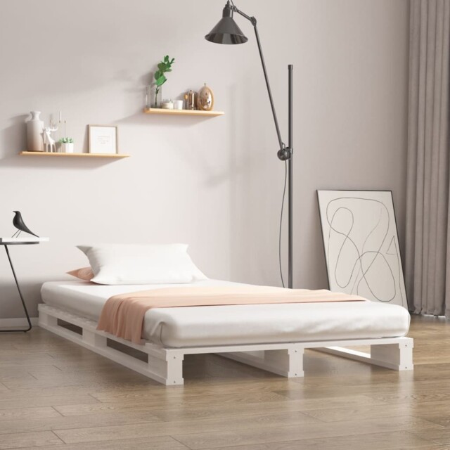 White Solid Pine Bed Frame 90x190 Cm Single Wooden Slats Modern Design ...