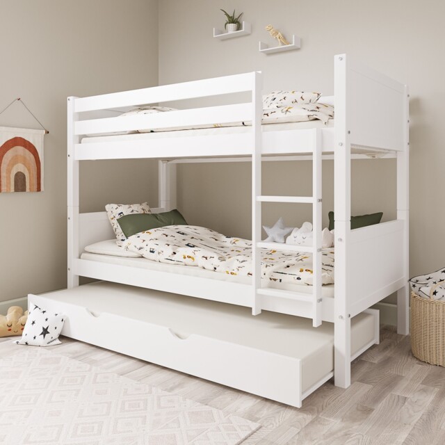 Single Bunk Bed Detachable White Wooden With Trundle Bed And Ladder by ...